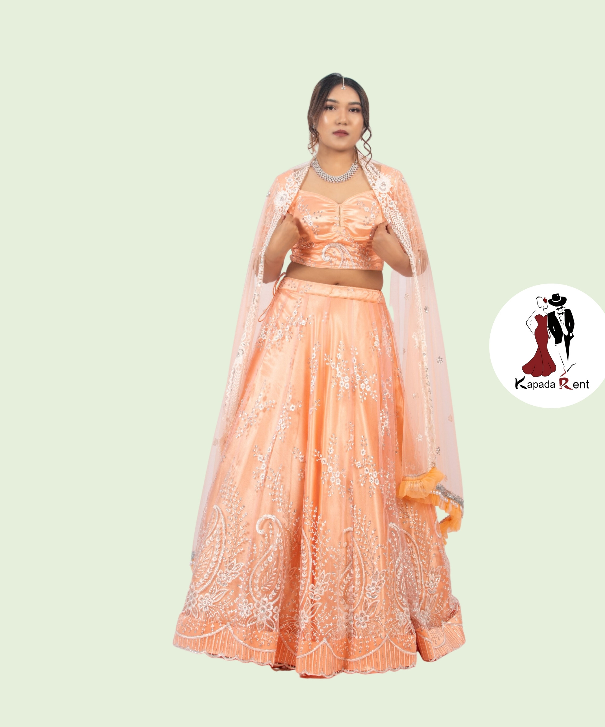 Peach on white thread work Lehenga