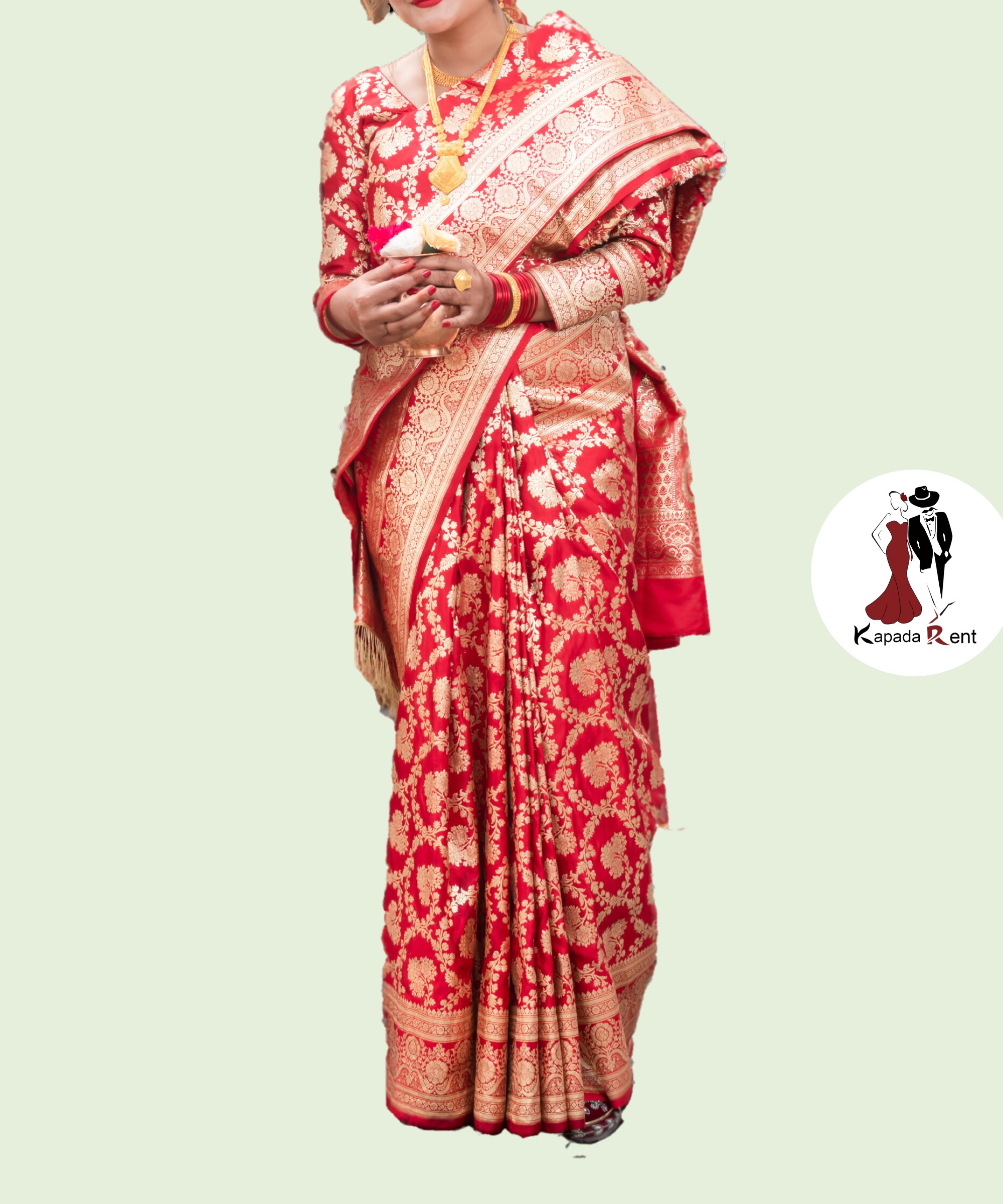 Golden Banarashi saree set on light red
