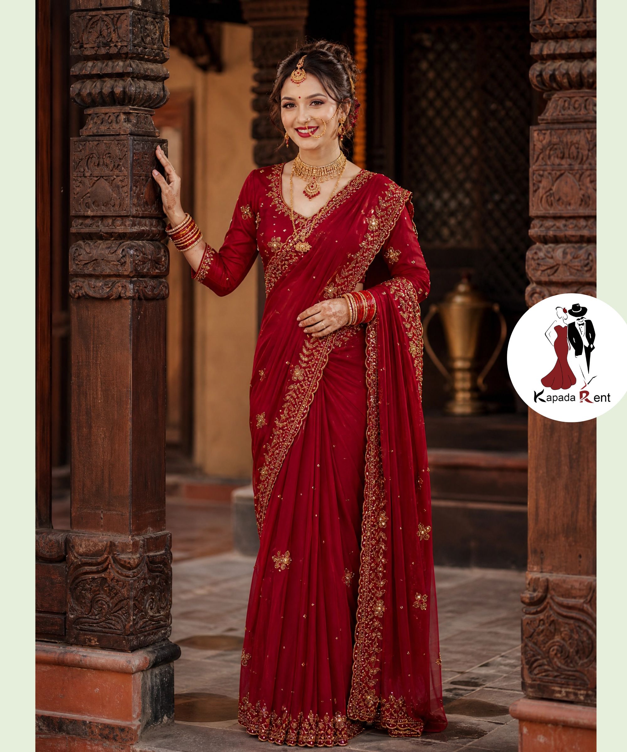 Single Flower in Gap handwork Bridal Saree