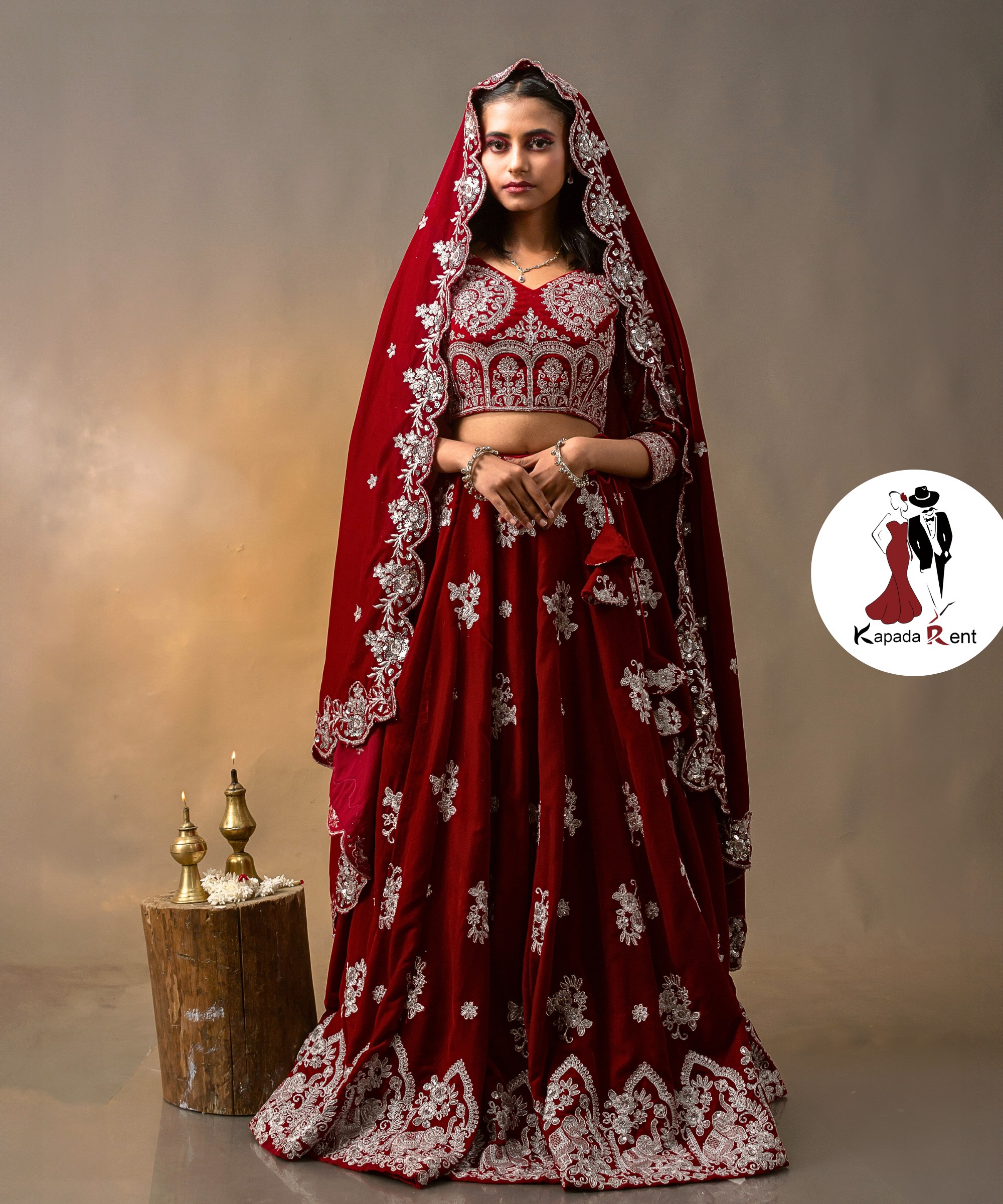 Cherry red Bridal on Silver scattered flowers pattern