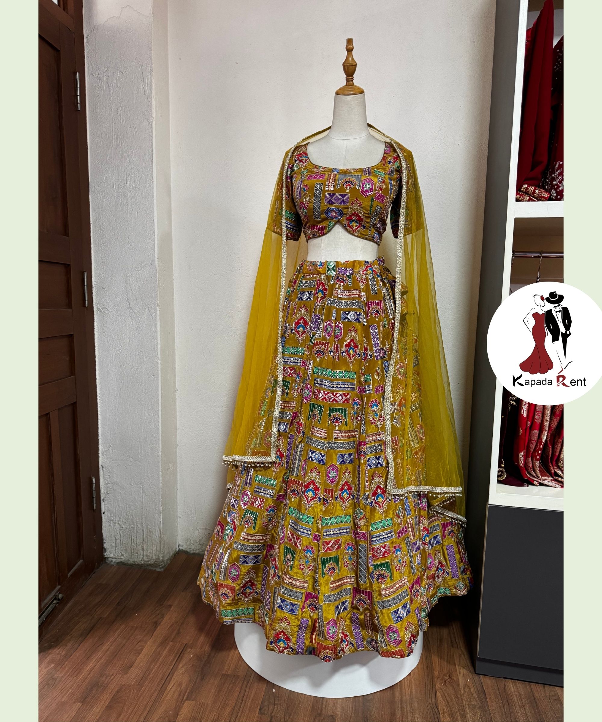 Avocado Green Rajasthani Lehenga with Boat Blouse 