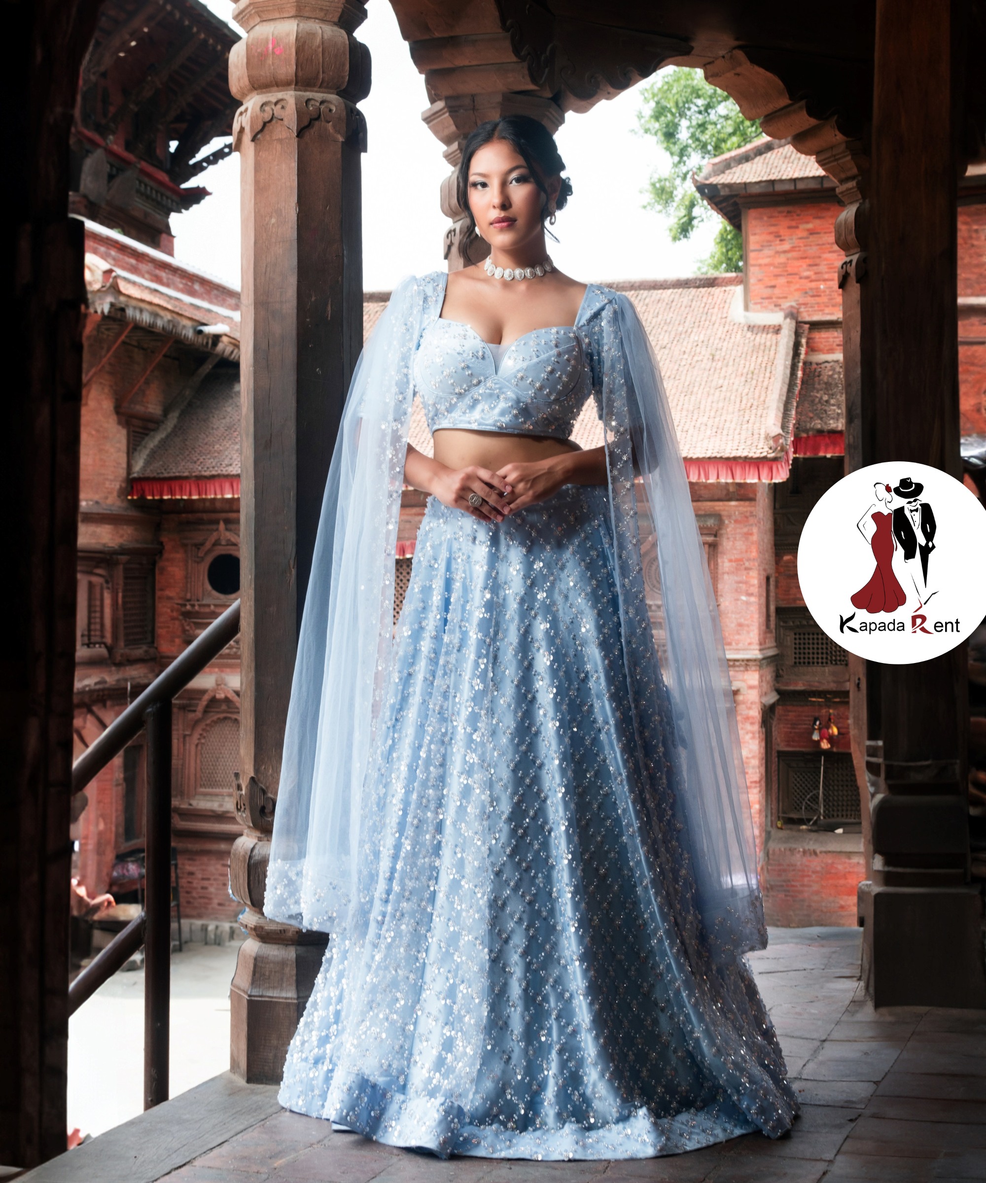 Beaded Lehenga on all over pattern on sky blue