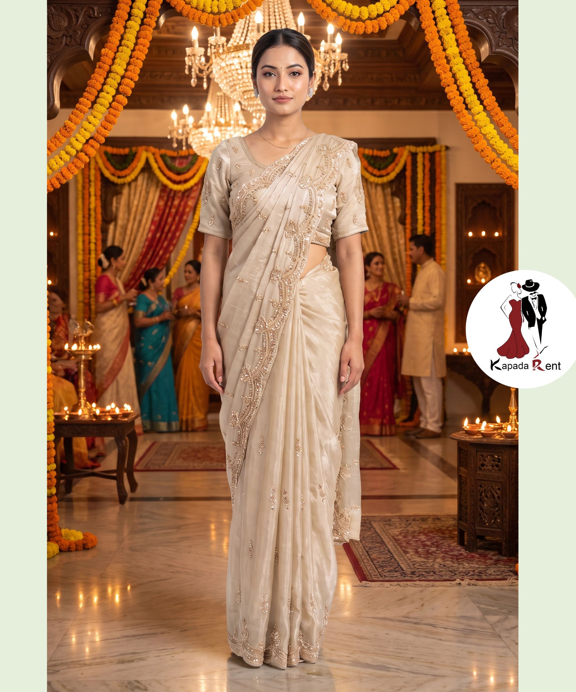 Fendy Handwork Butter Cream Saree