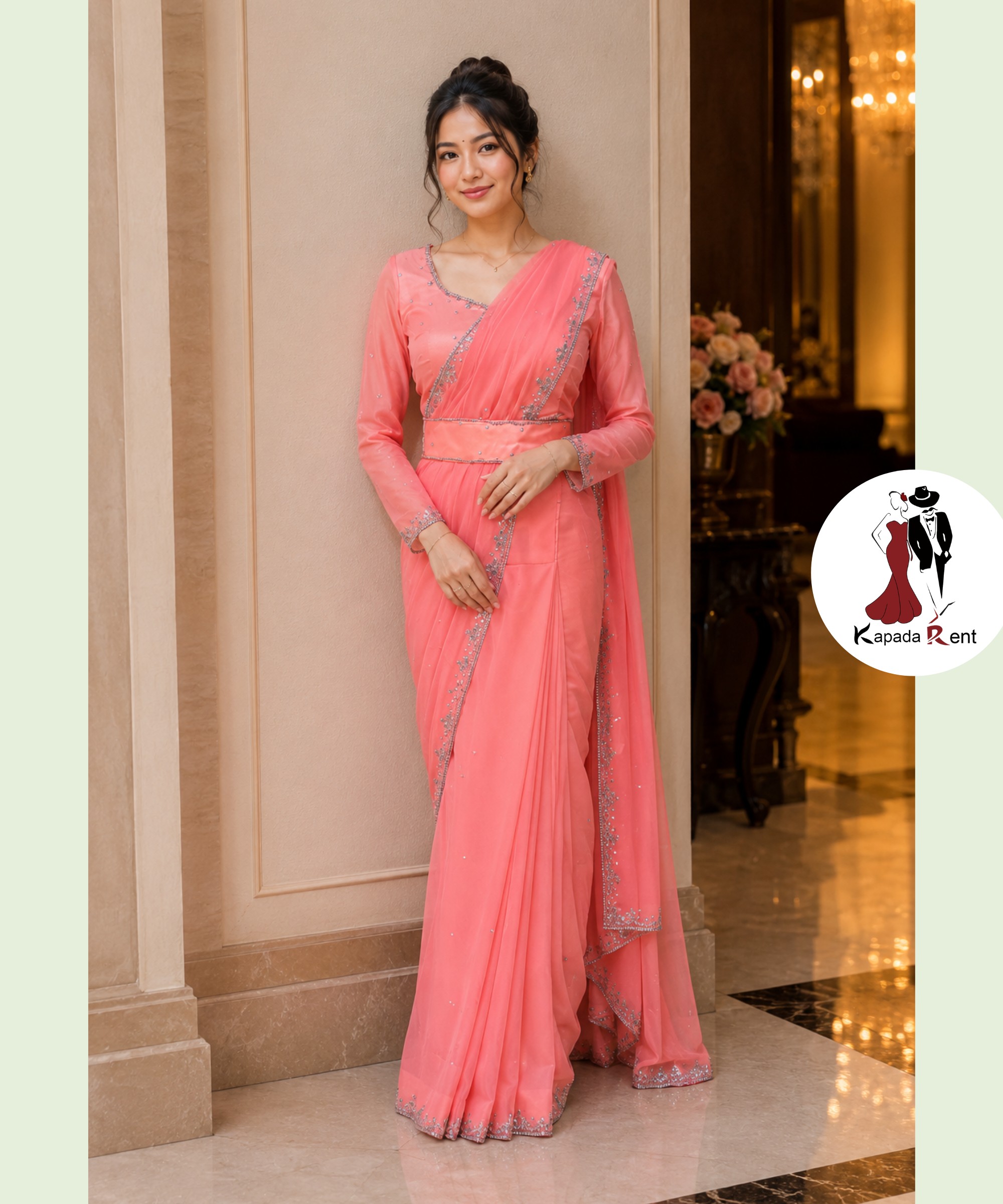 Peach Orange Hand work saree