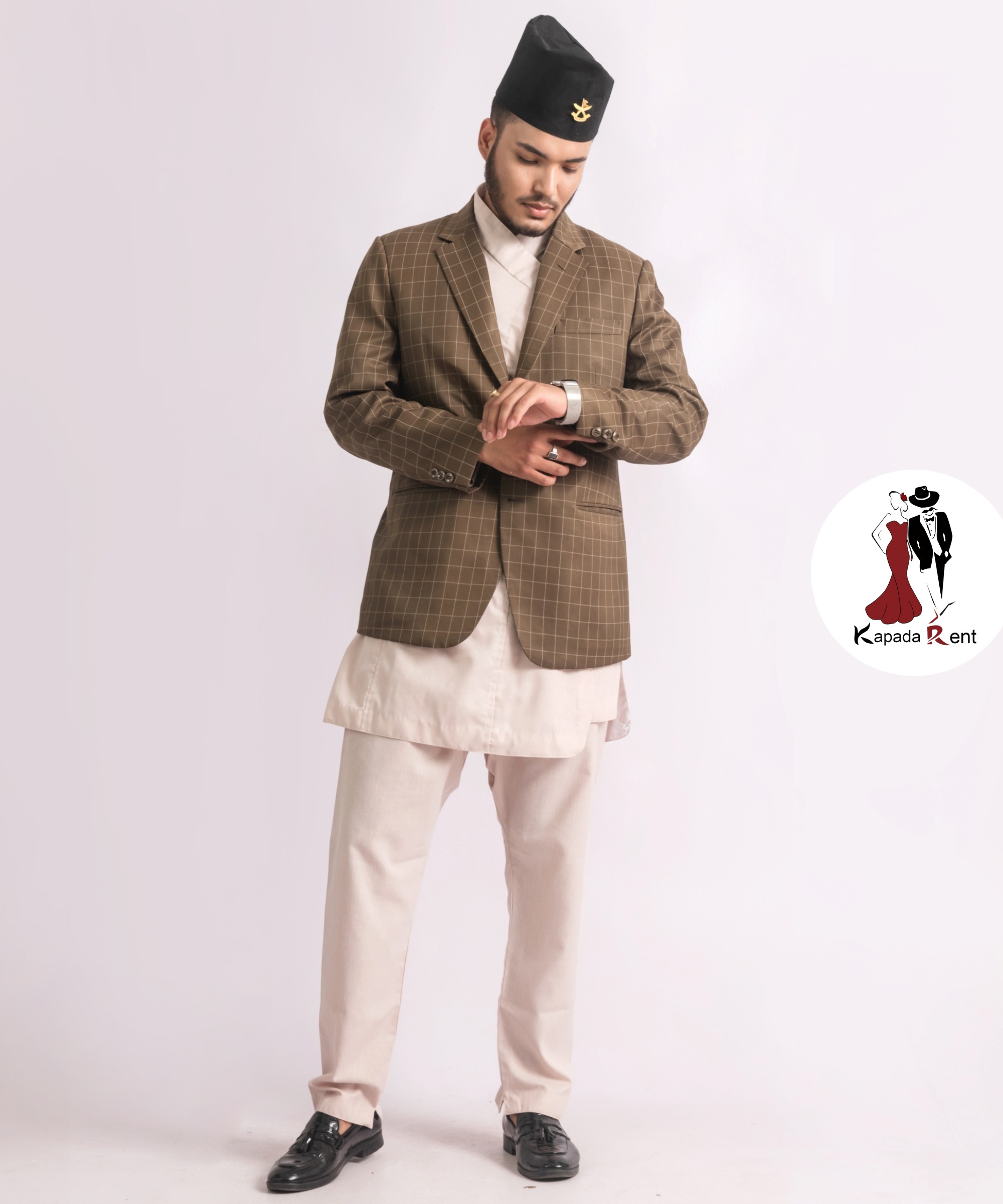 Peach Daura Surwal with Brown check suit