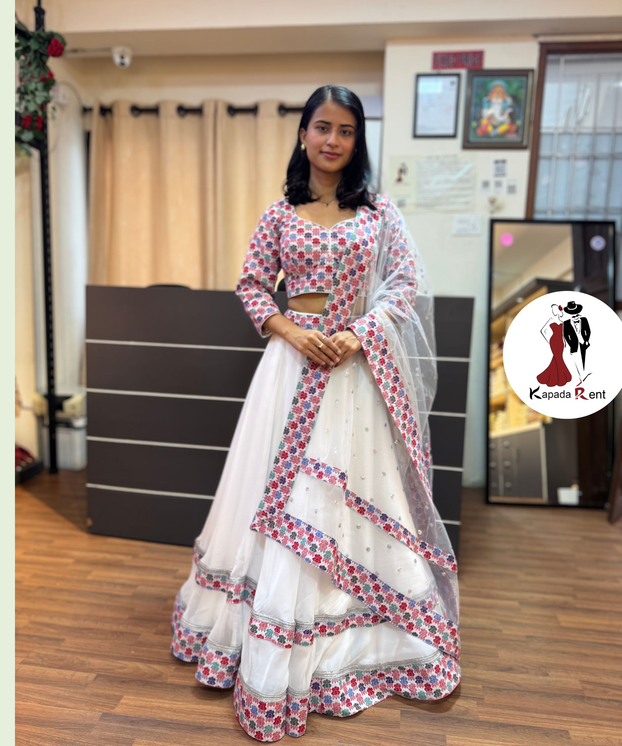 White Georgette Dhaka Border Lehenga