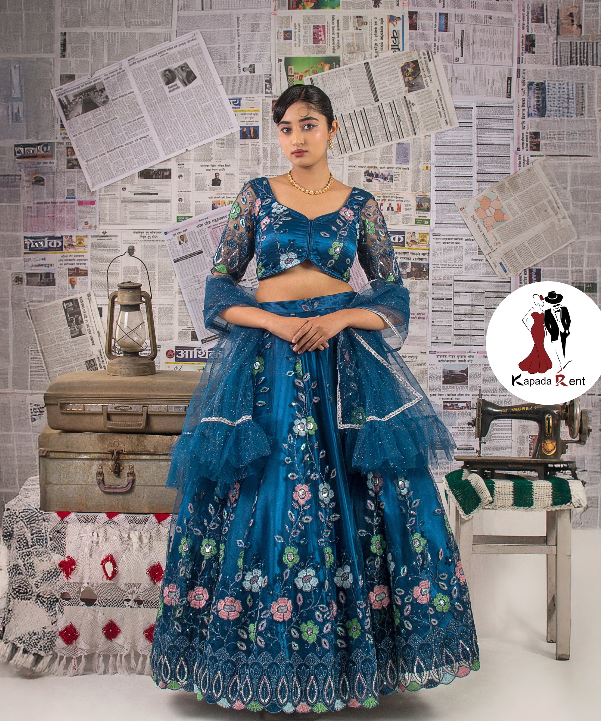 Peacock Blue Flower Mix Lehenga