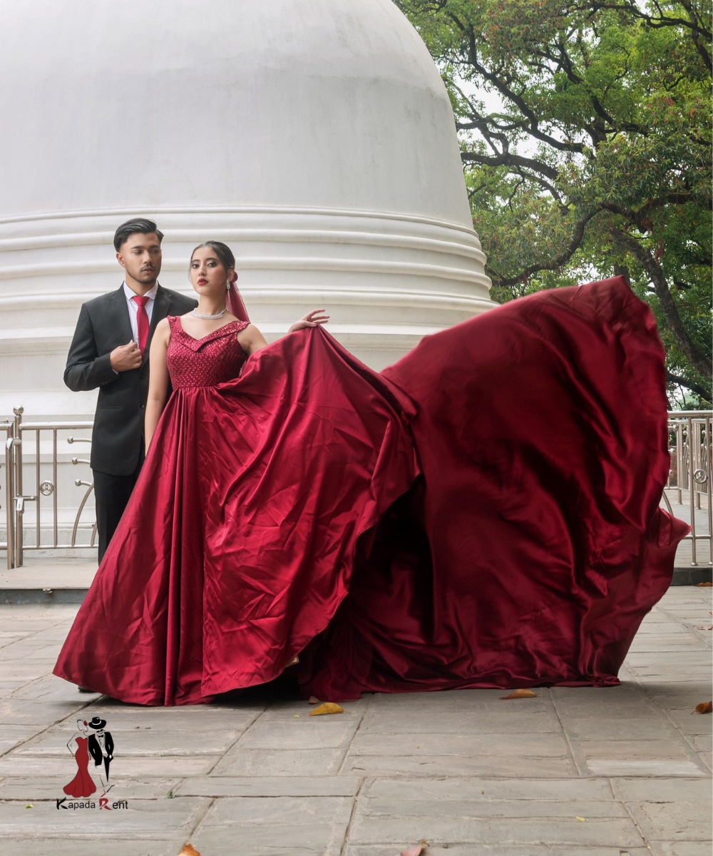 Maroon Silk Tail Gown with sequined blouse and Veil
