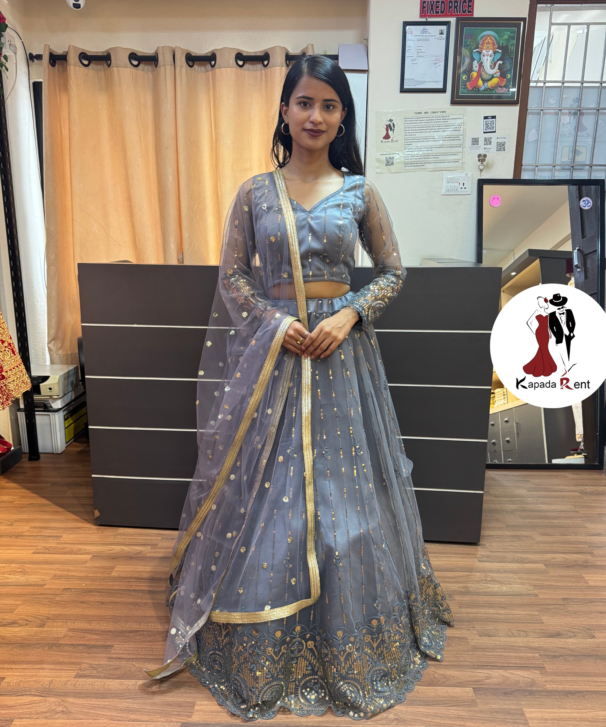 Grey Lehenga with Border Pattern