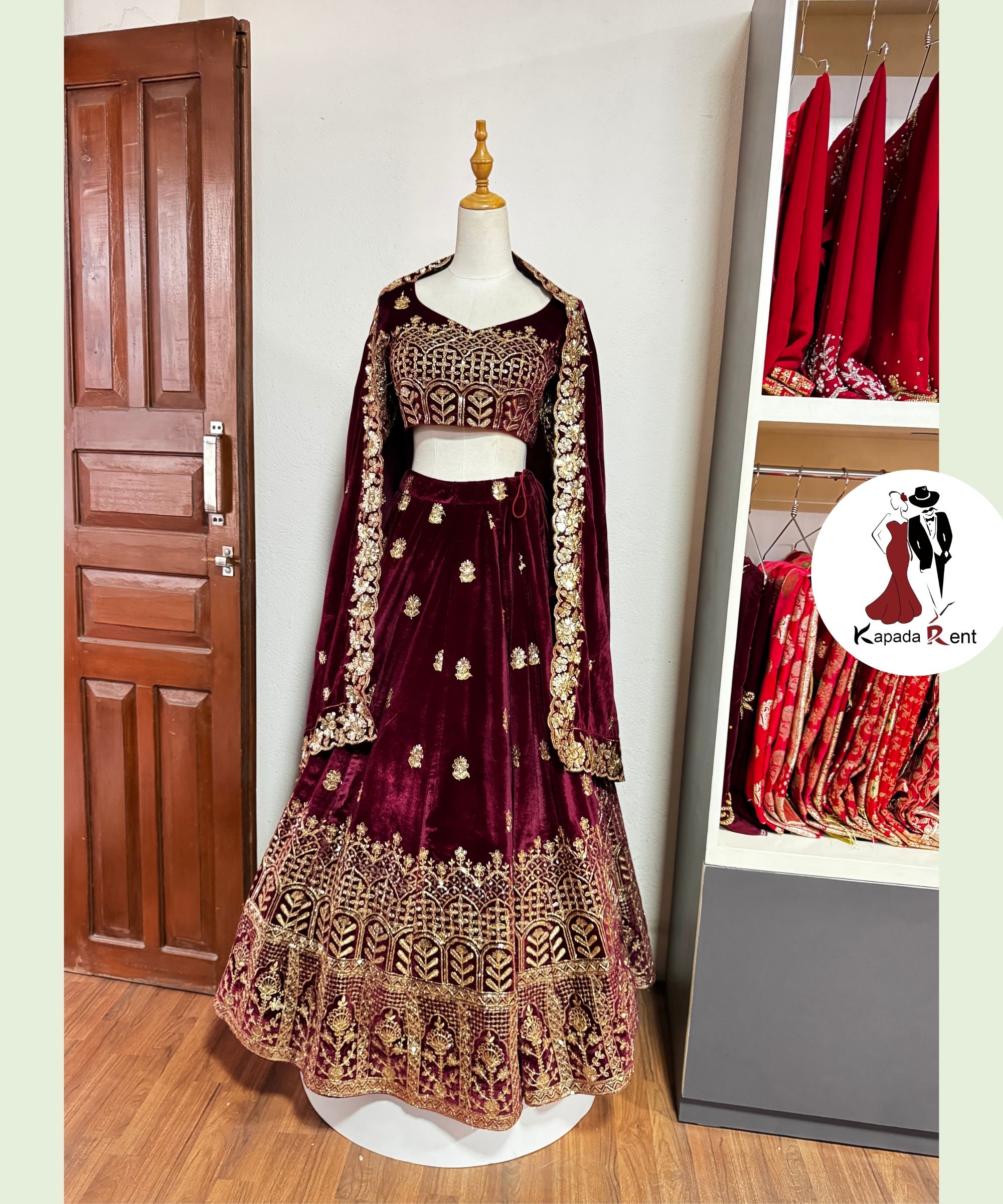 Paddy Pattern Maroon Bridal Velvet Lehenga