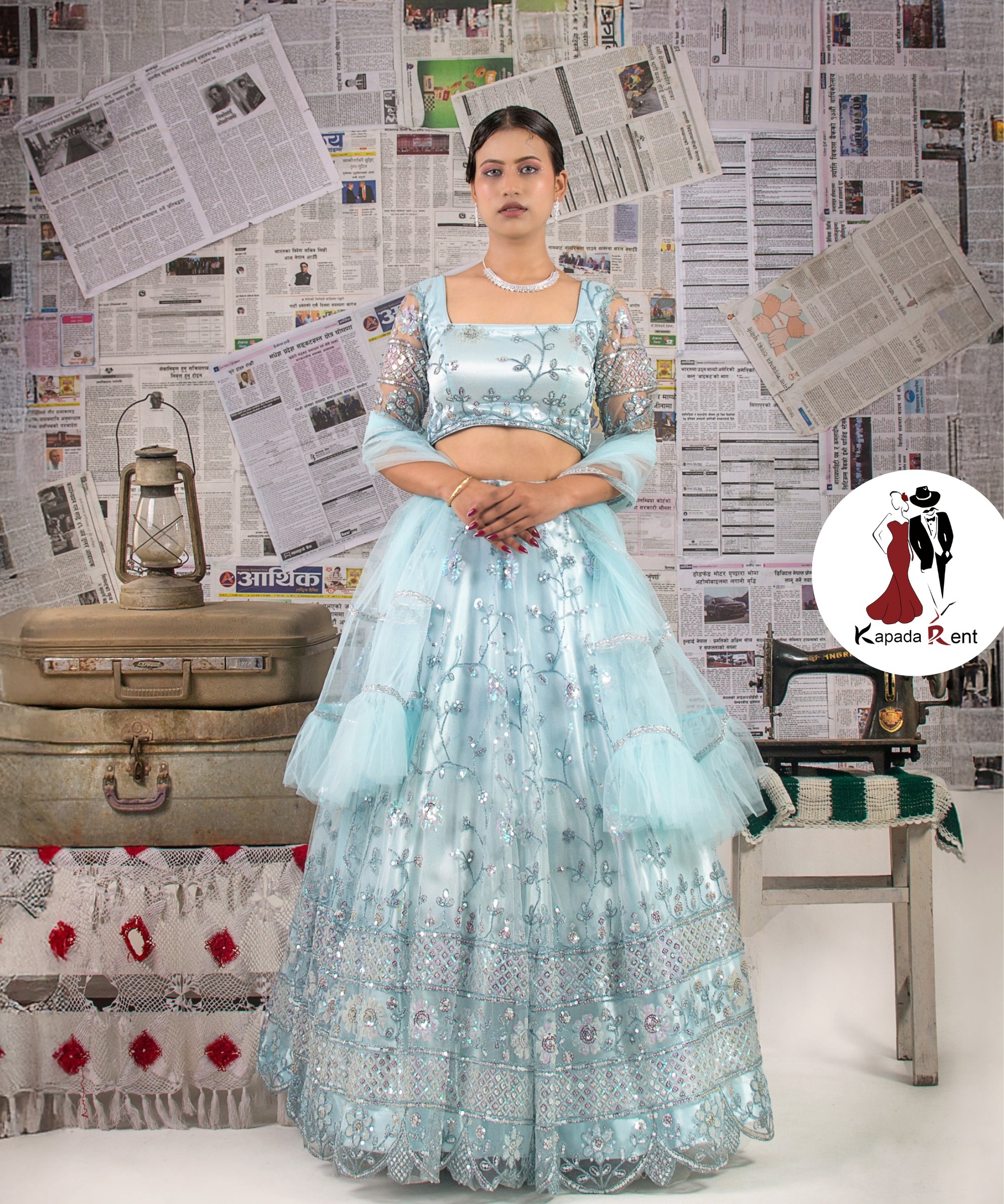 Ice Blue Lehenga on Square Blouse