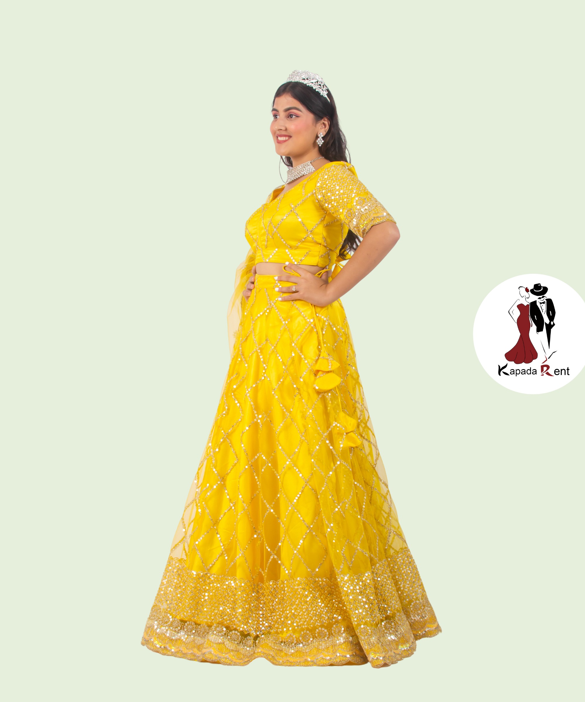 Yellow Net Lehenga on Silver