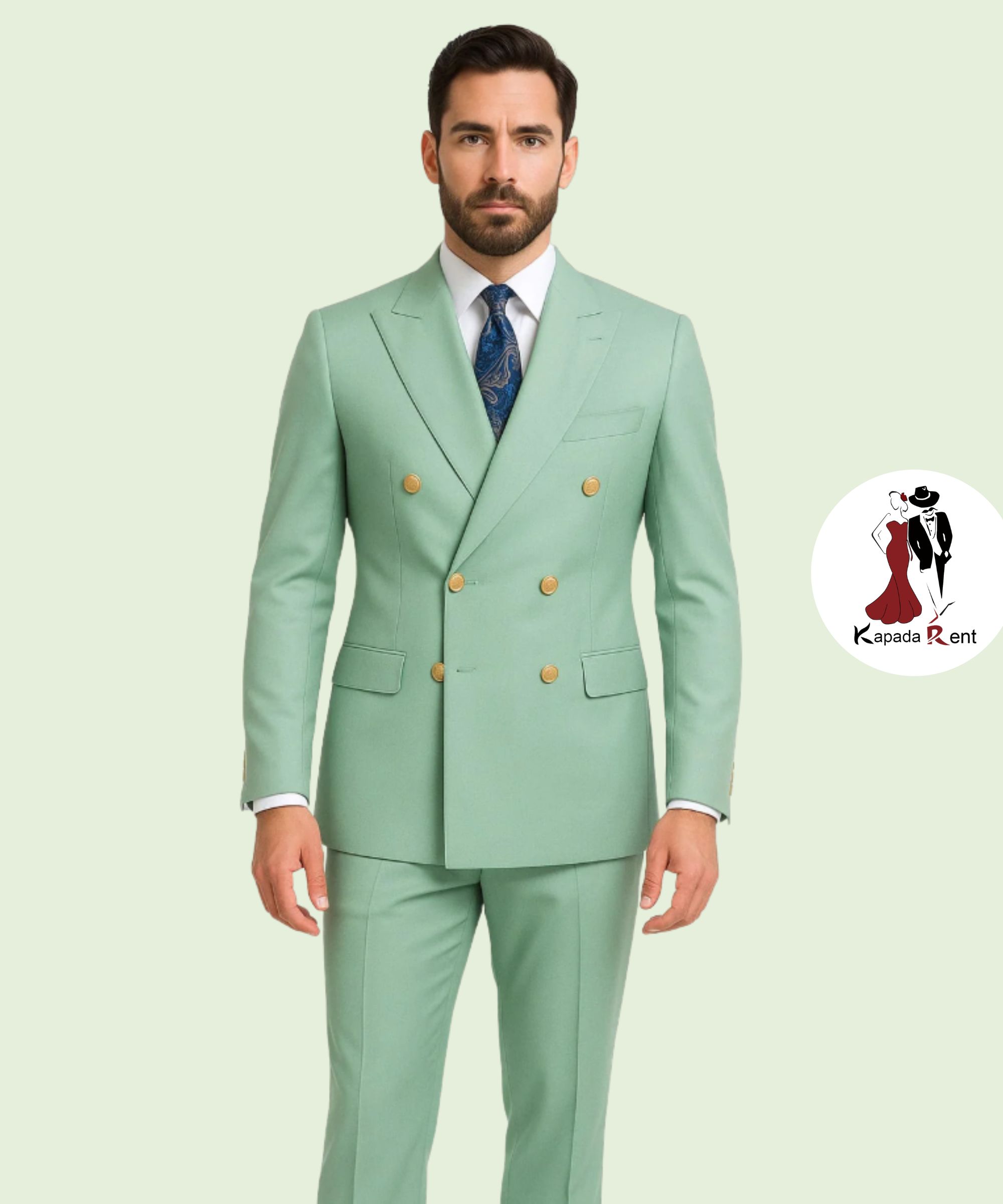 Mint Green Suit on Wide Peak Lapels 