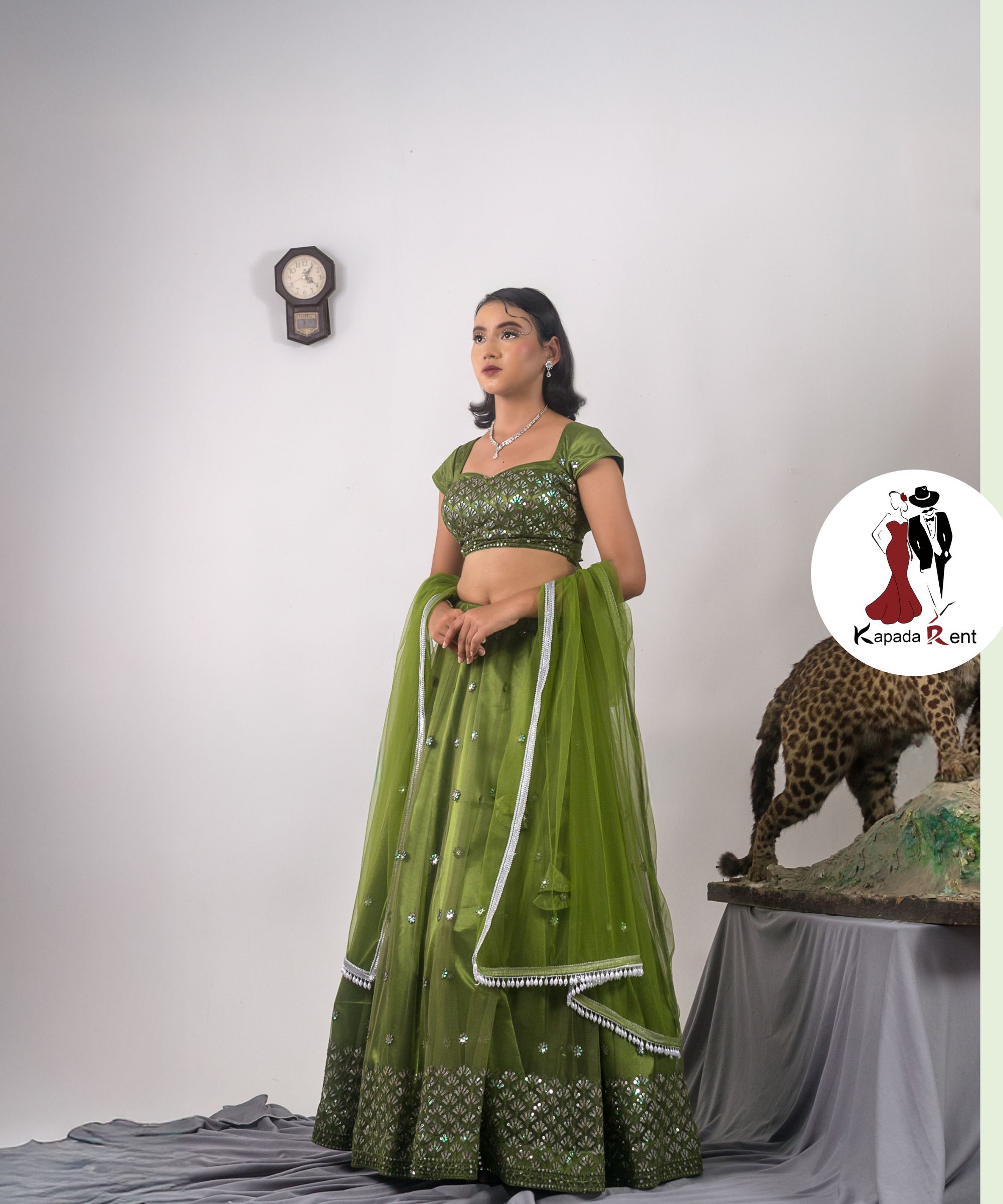 Moss Green Border Lehenga with cap blouse