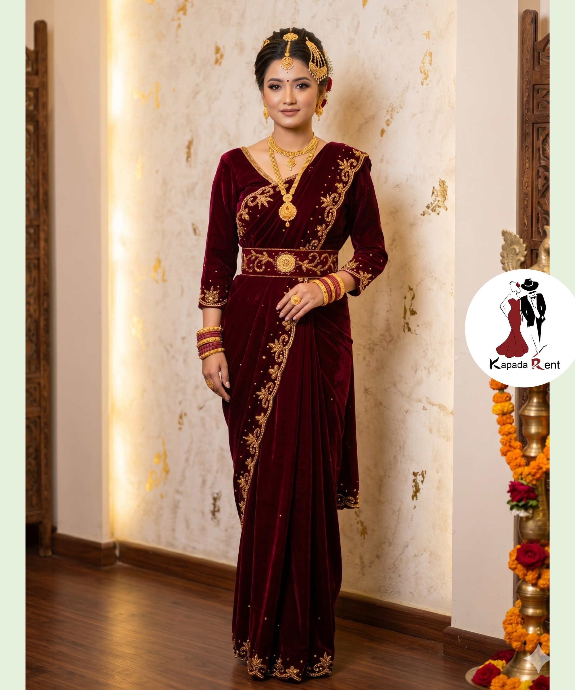 Velvet Bridal Saree Golden Embroidery