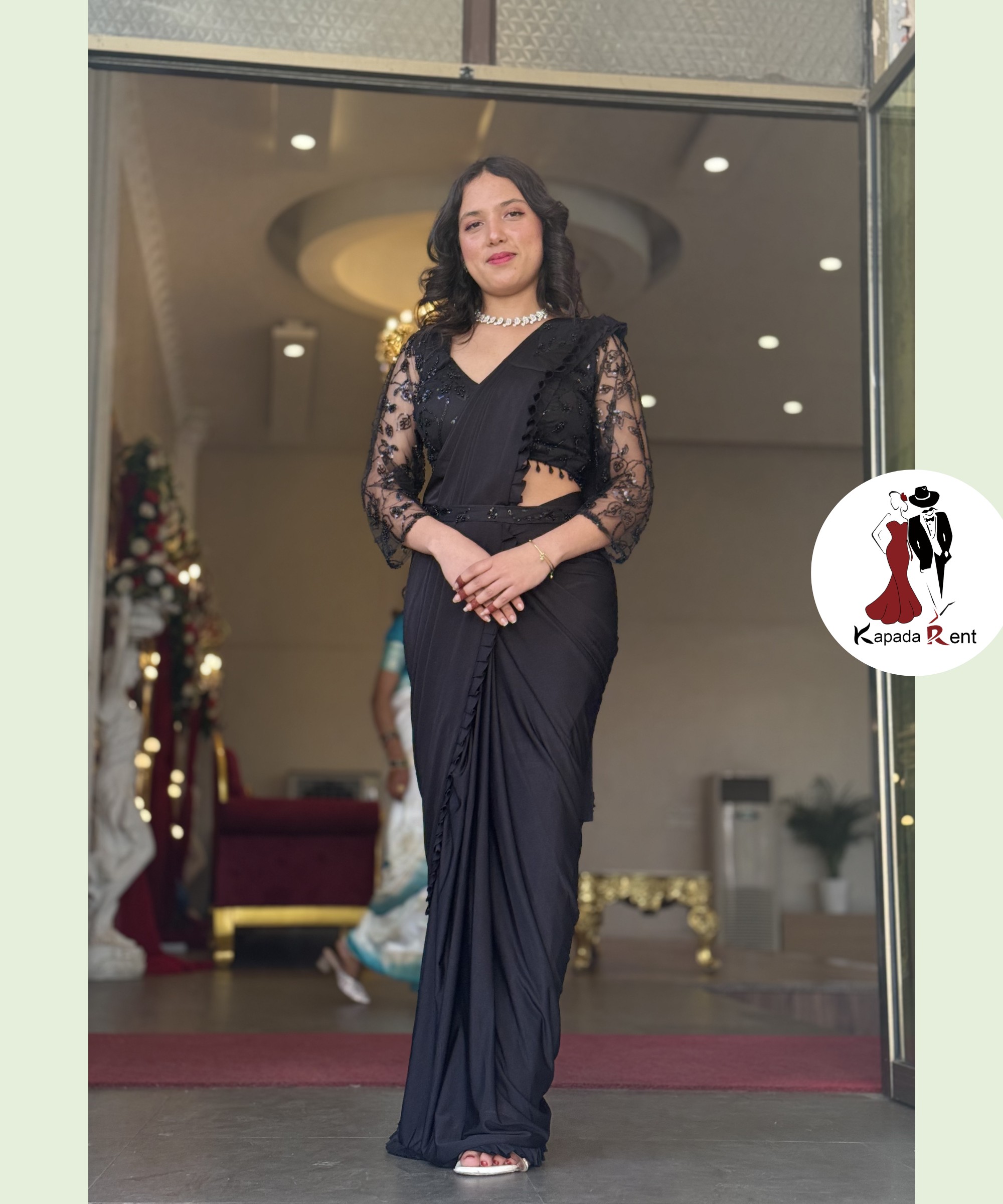 Black Indo western Machine work Saree