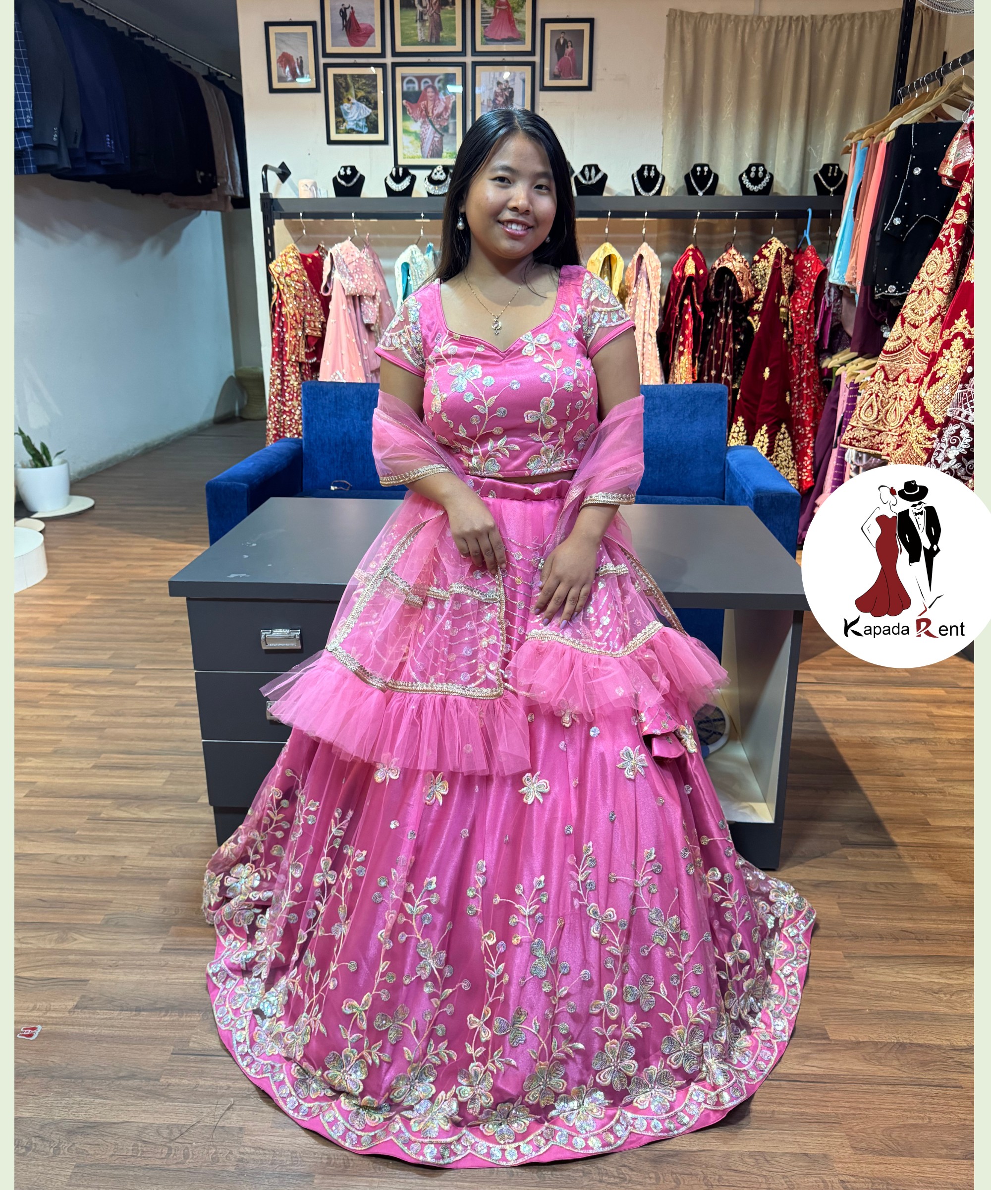 Cherry Pink with ruffle shawl