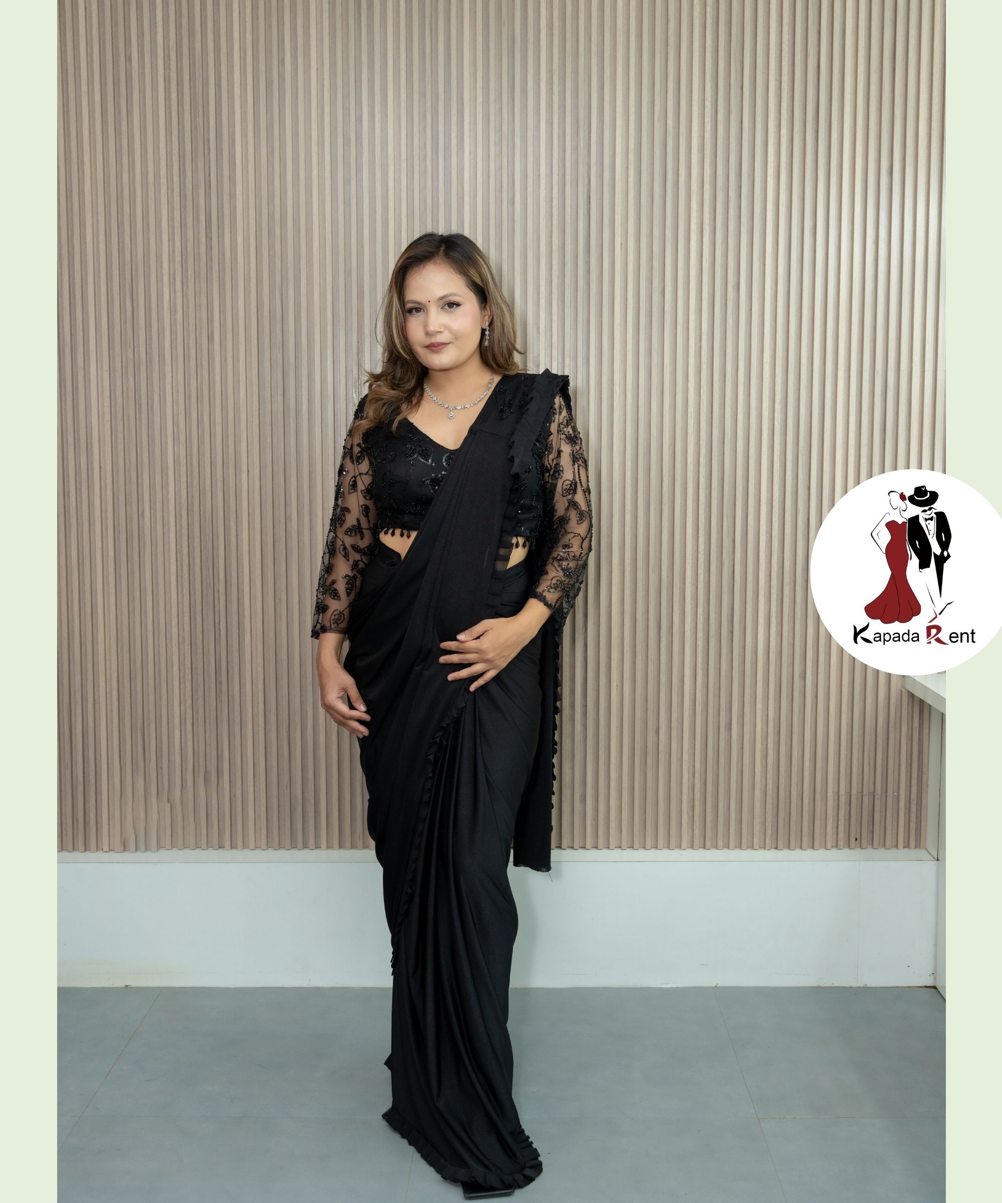 Black Indo western Machine work Saree