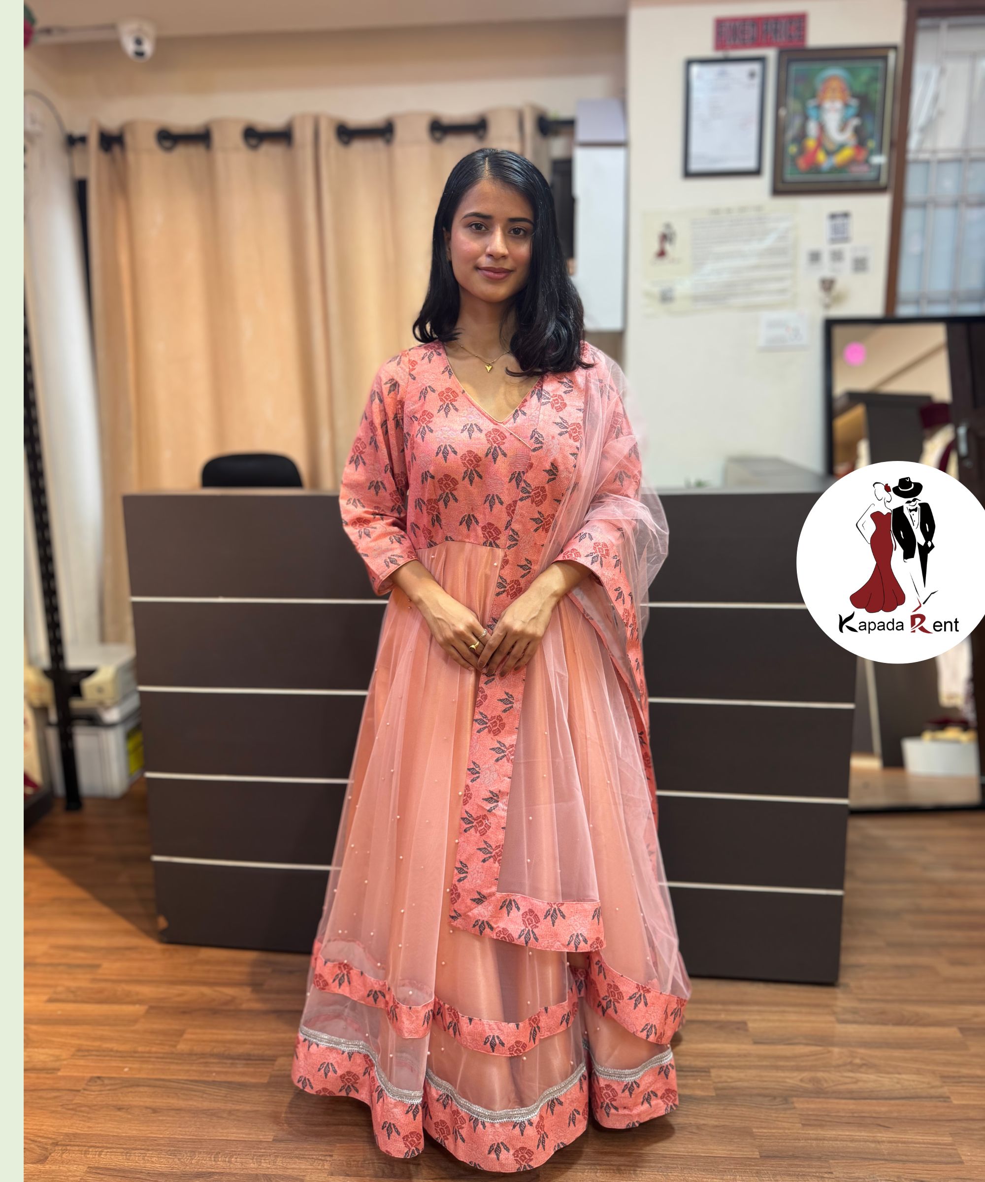 Peach Printed Dhaka Layered Gown