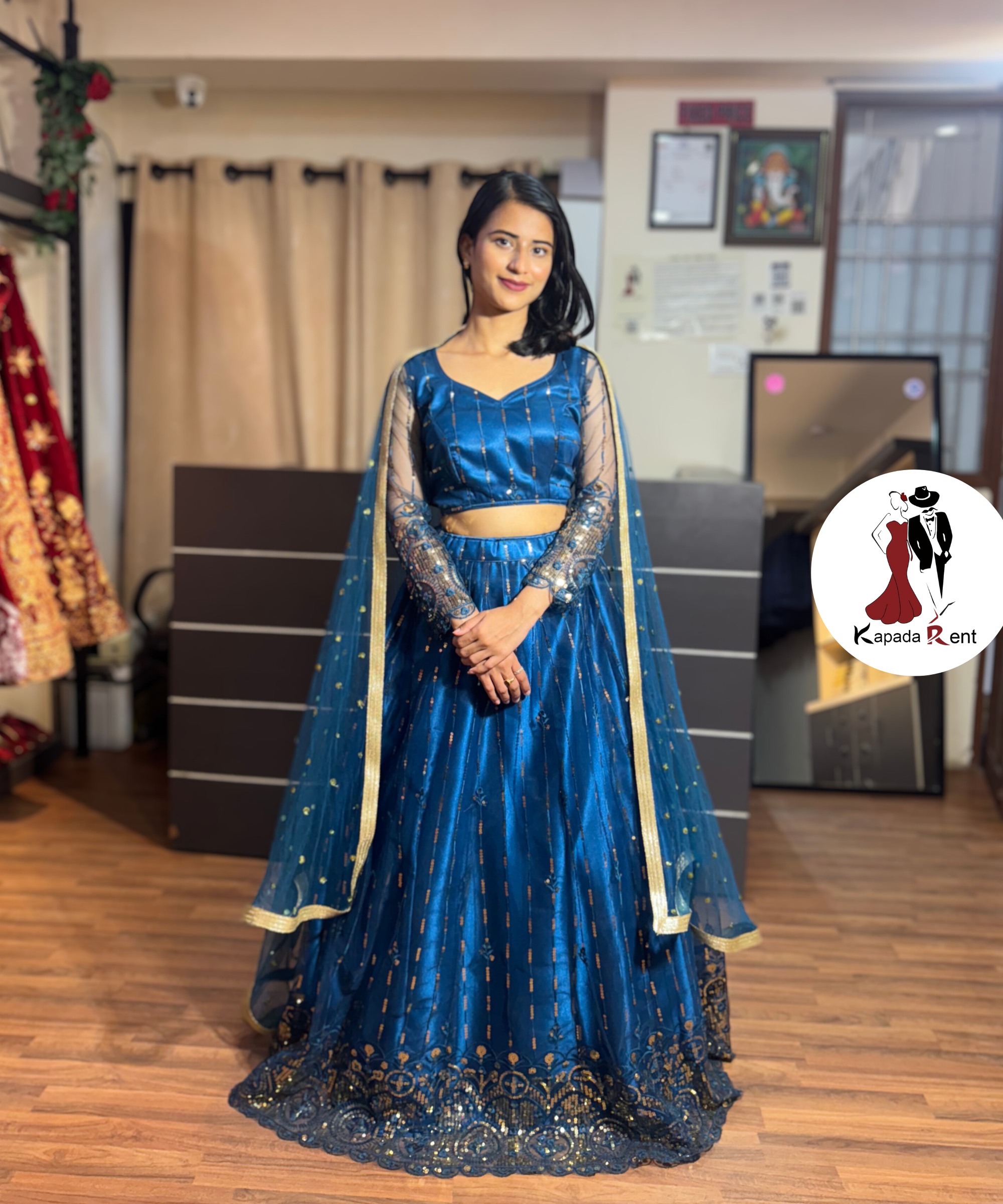 Peacock Blue Border round Lehenga