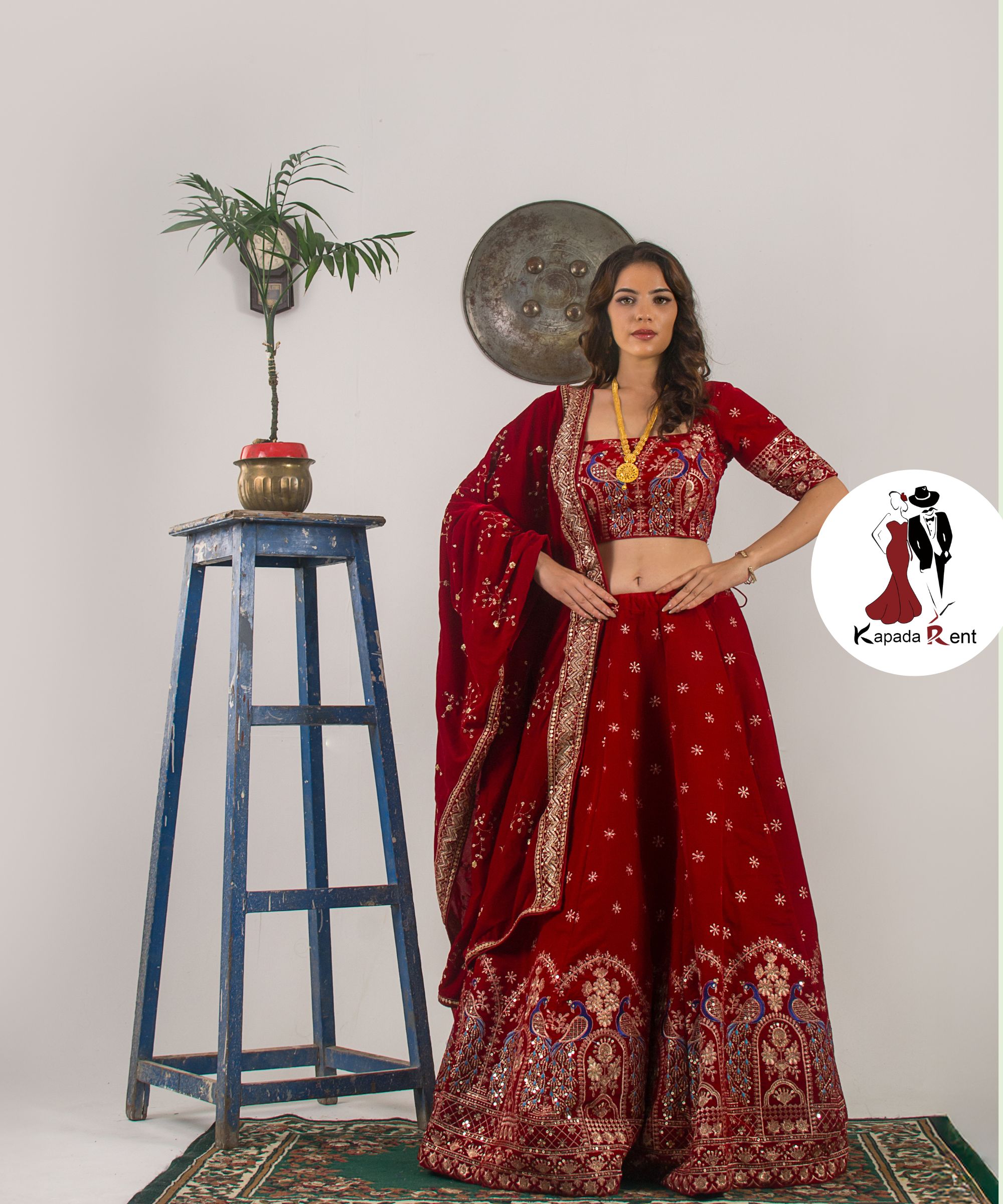 Cherry Red Peacock Mix pattern Bridal Lehenga Velvet