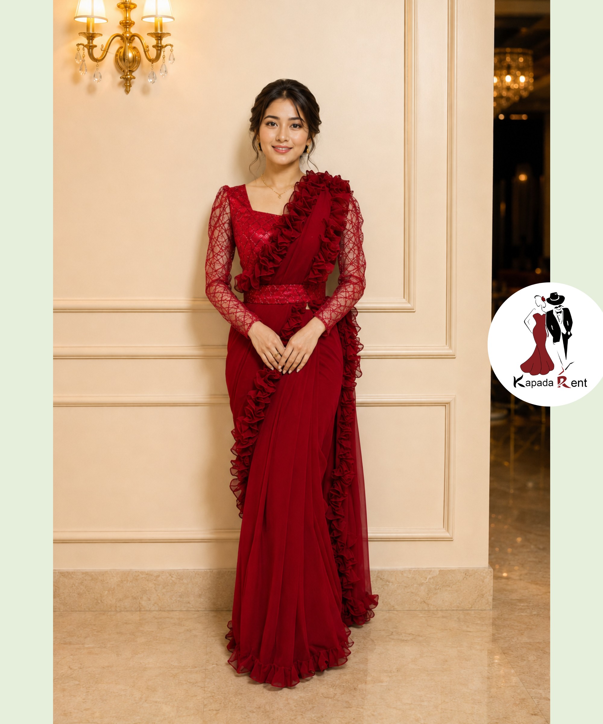Red georgette ruffle saree