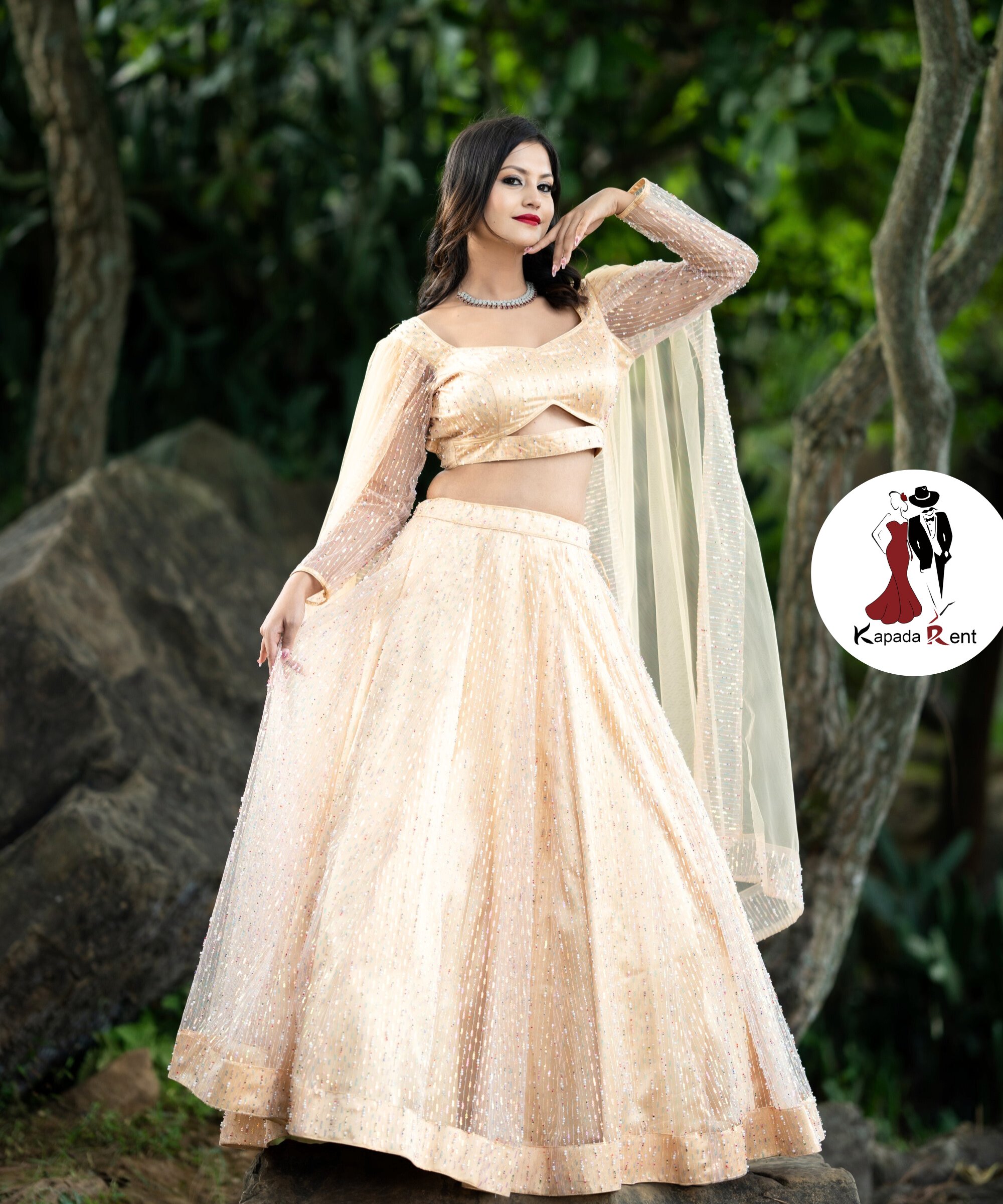 Ivory Light Embellished Lehenga Set with attached shawl