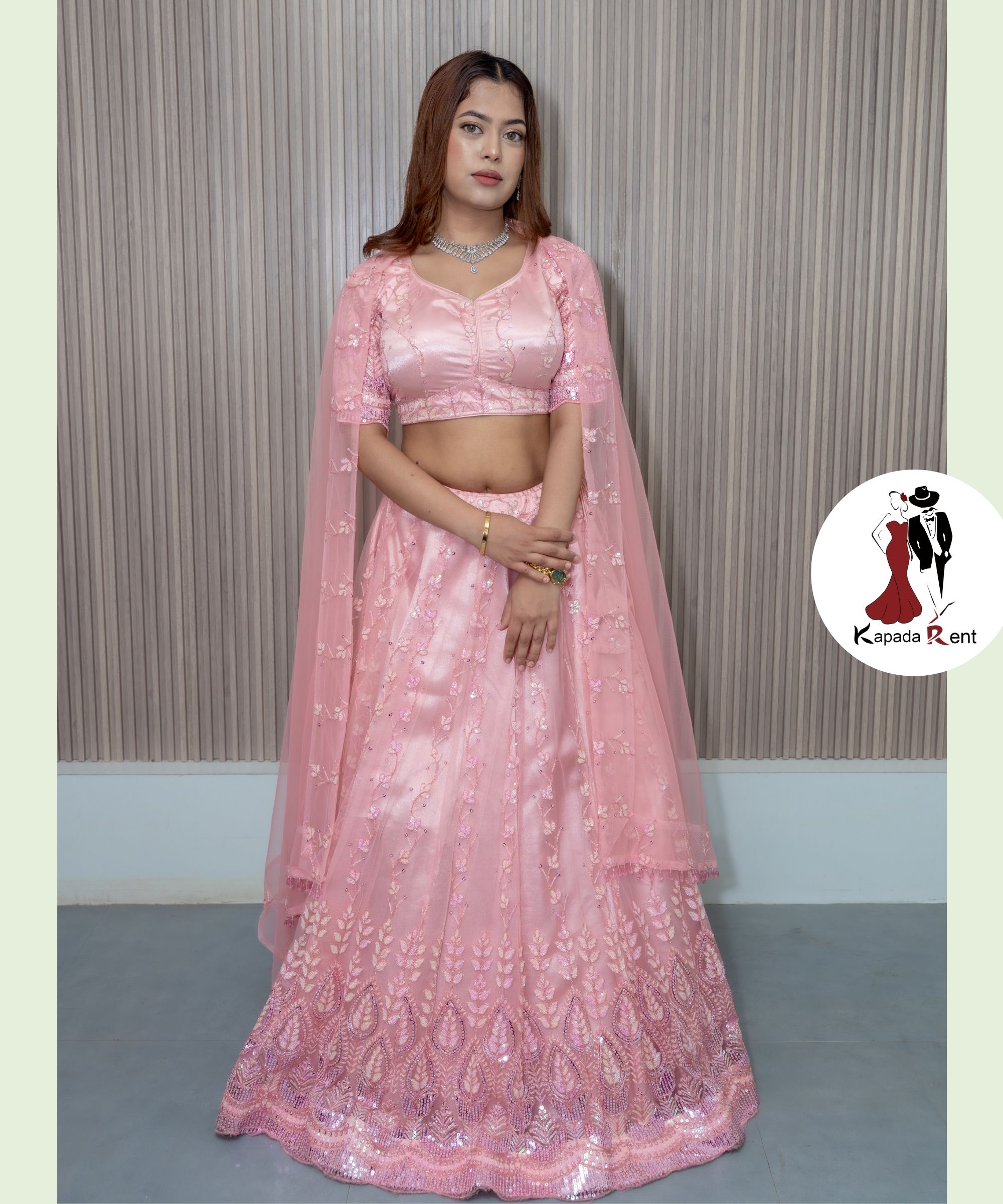 Leaf Pattern Peach Heavy Party Lehenga