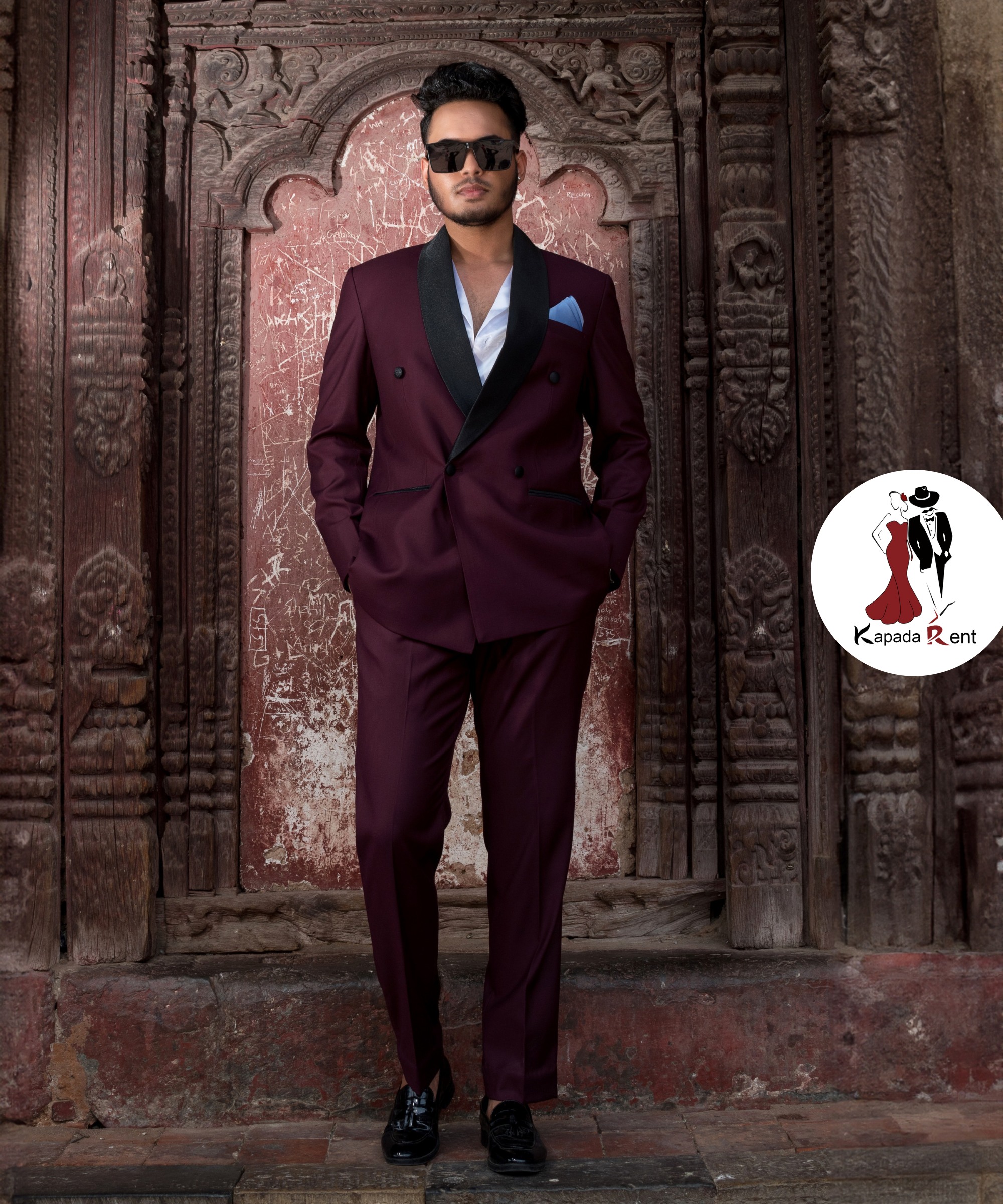 Double Breasted Burgundy Tuxedo with Shawl Lapel