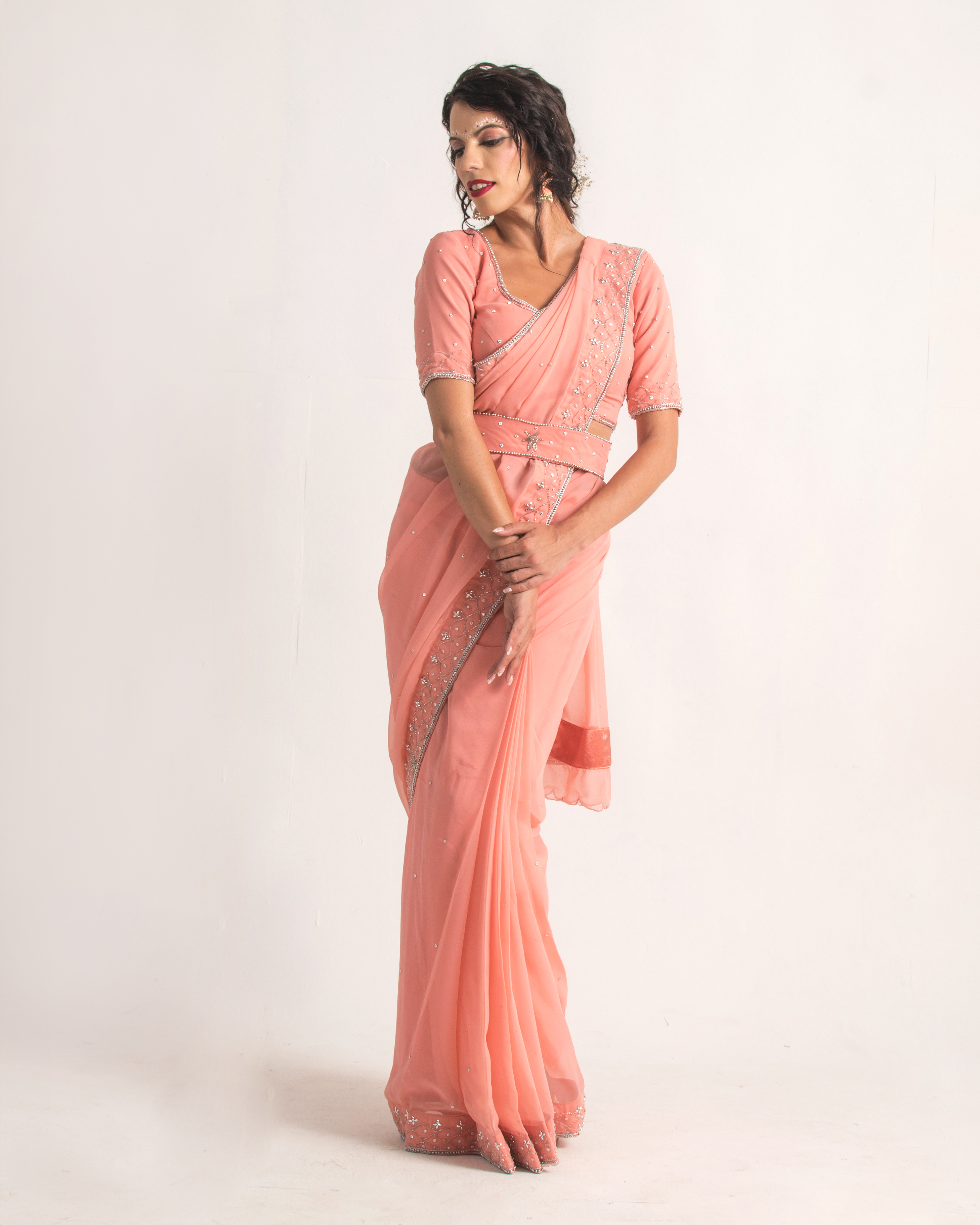 Peach Hand Work Non Bridal Saree 