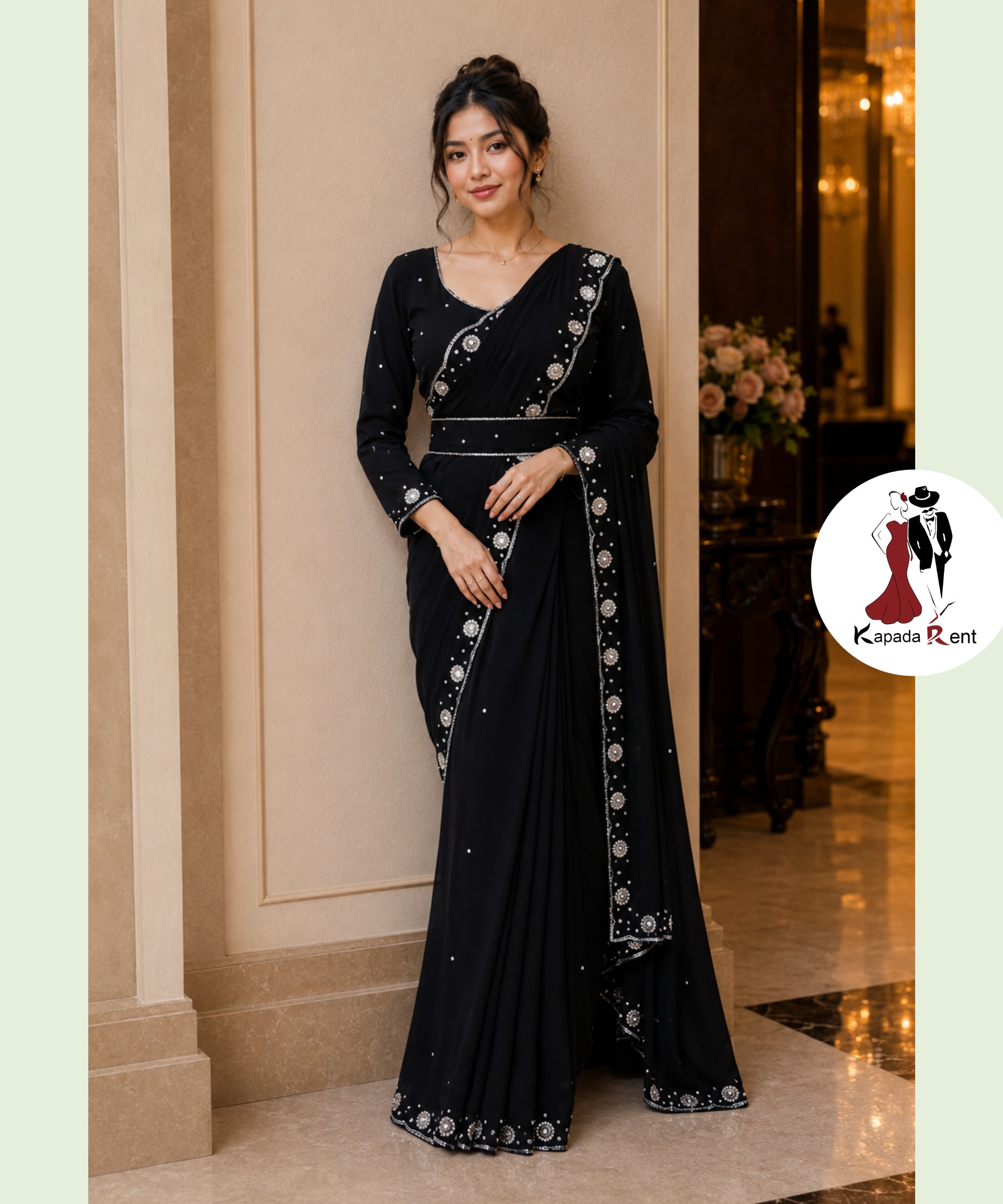 Black hand work border saree