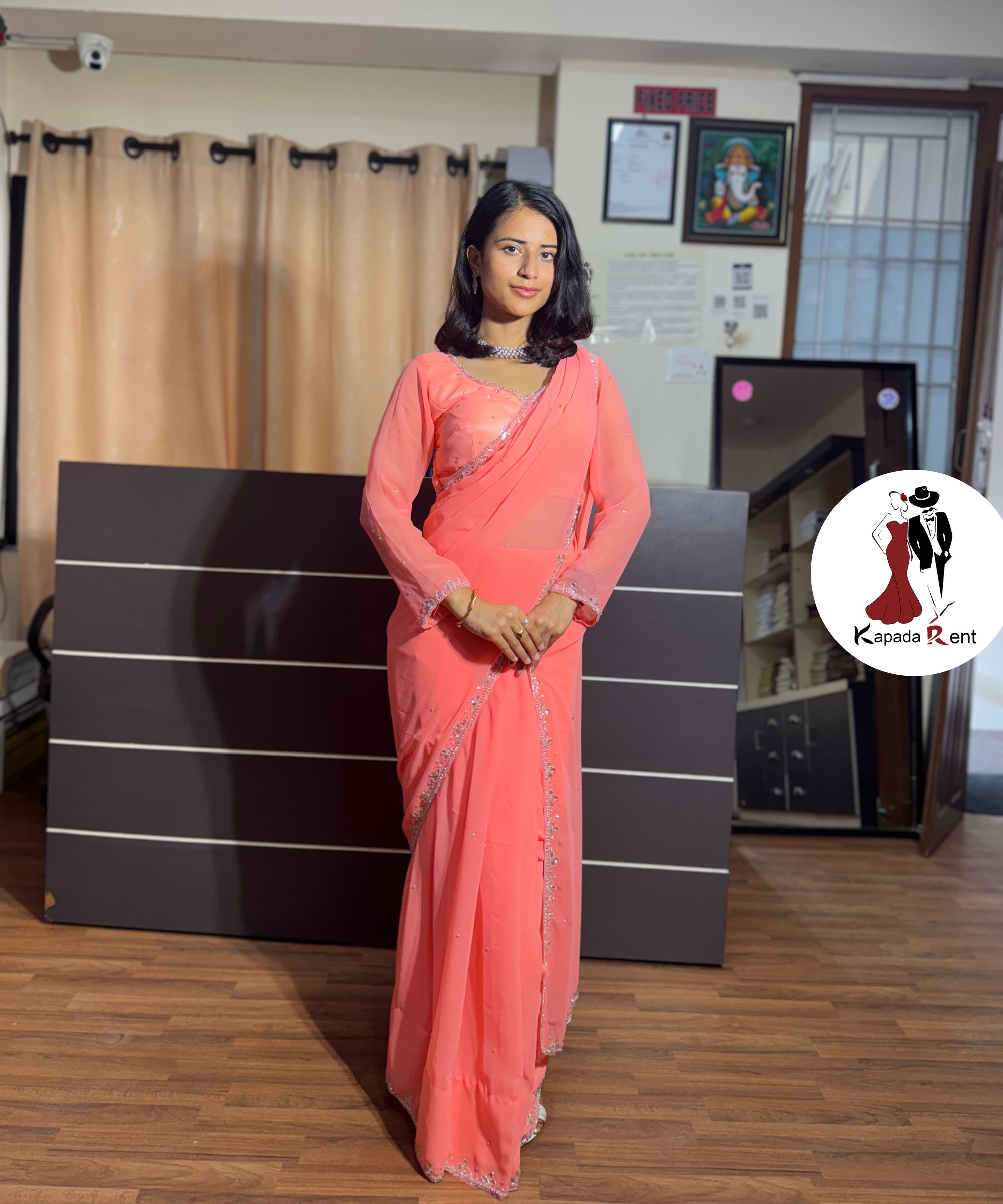 Peach Orange Hand work saree