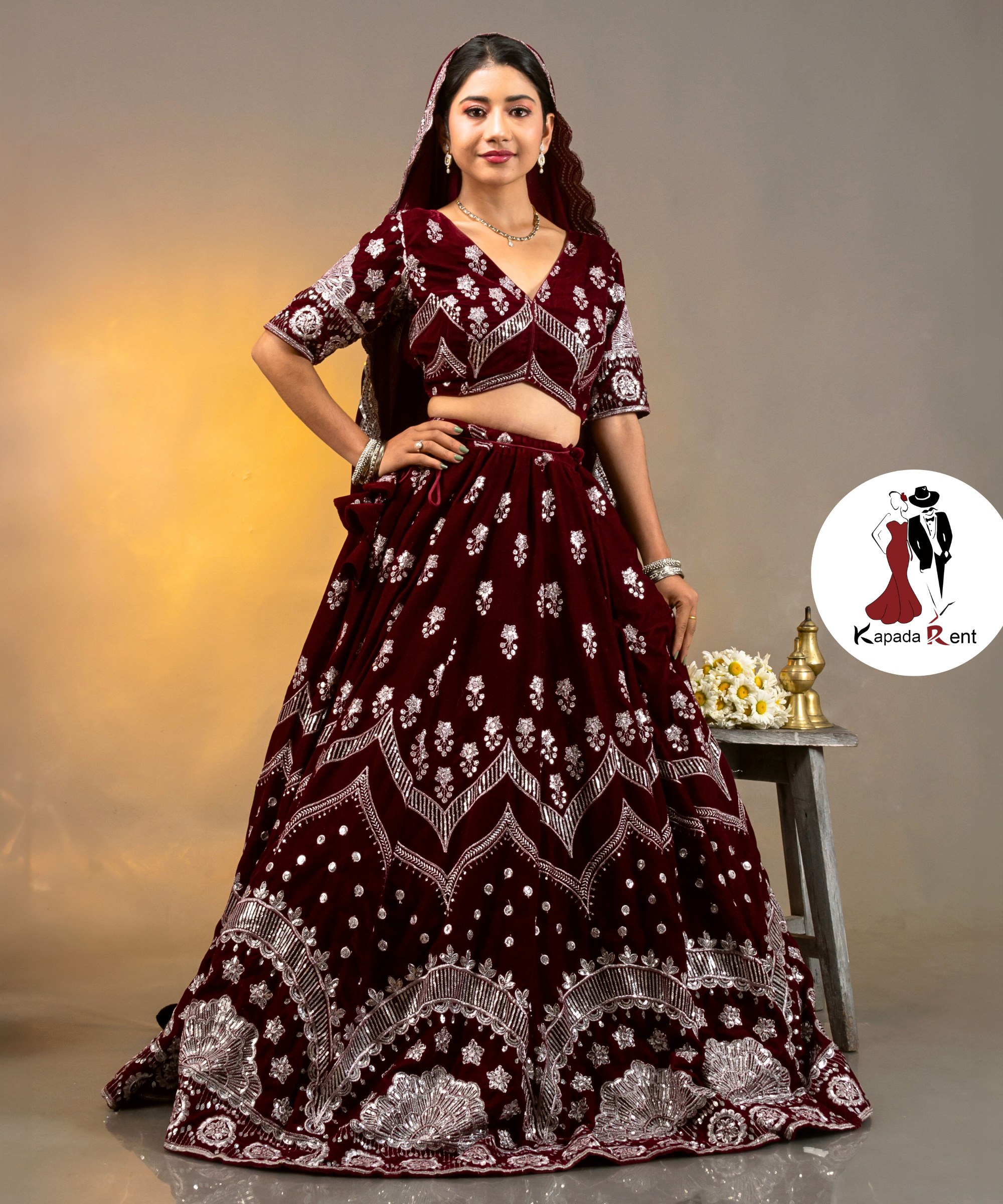 Bridal maroon silver lehenga on angular work