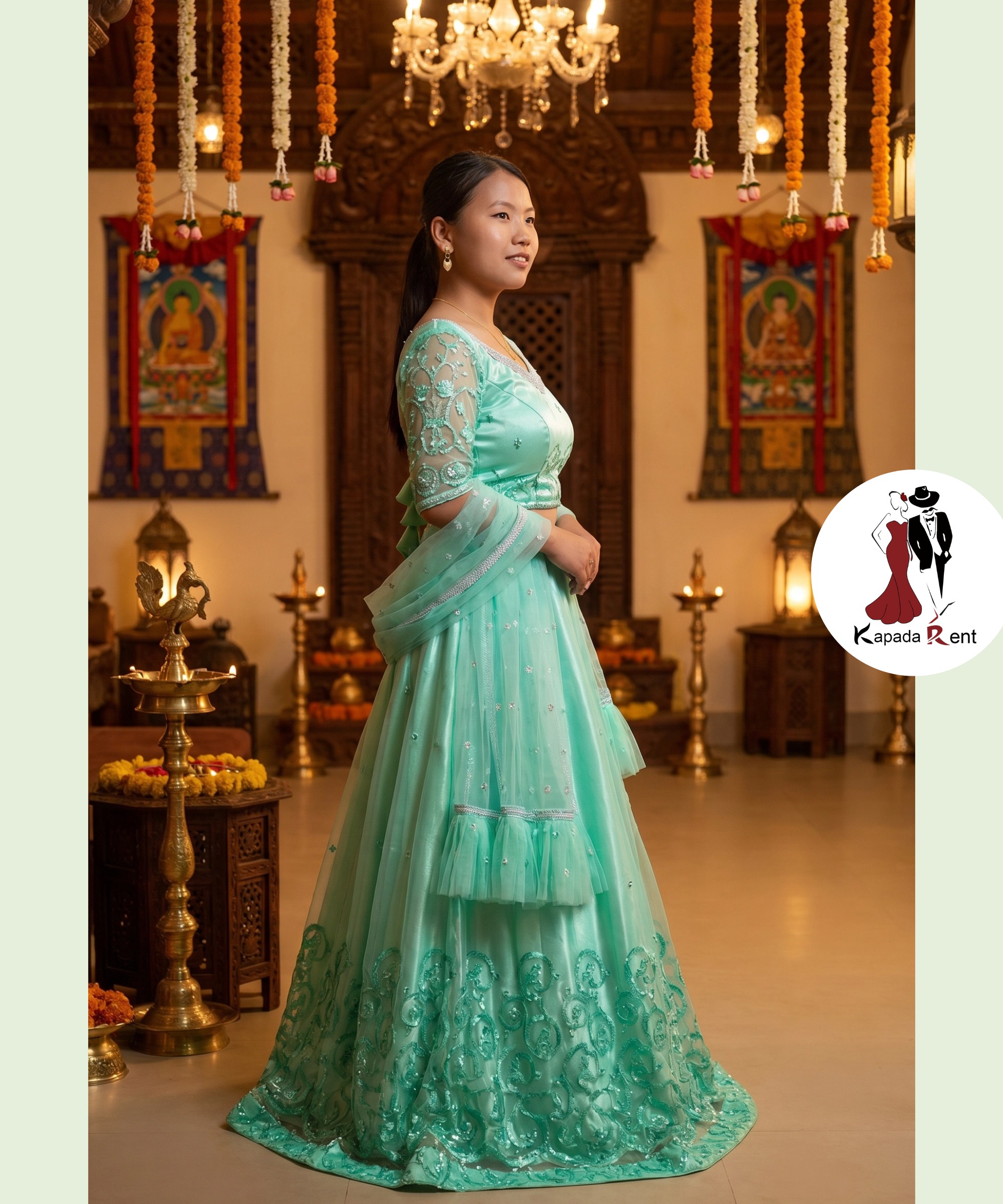 Medium Spring Green Lehenga with ruffle Shawl