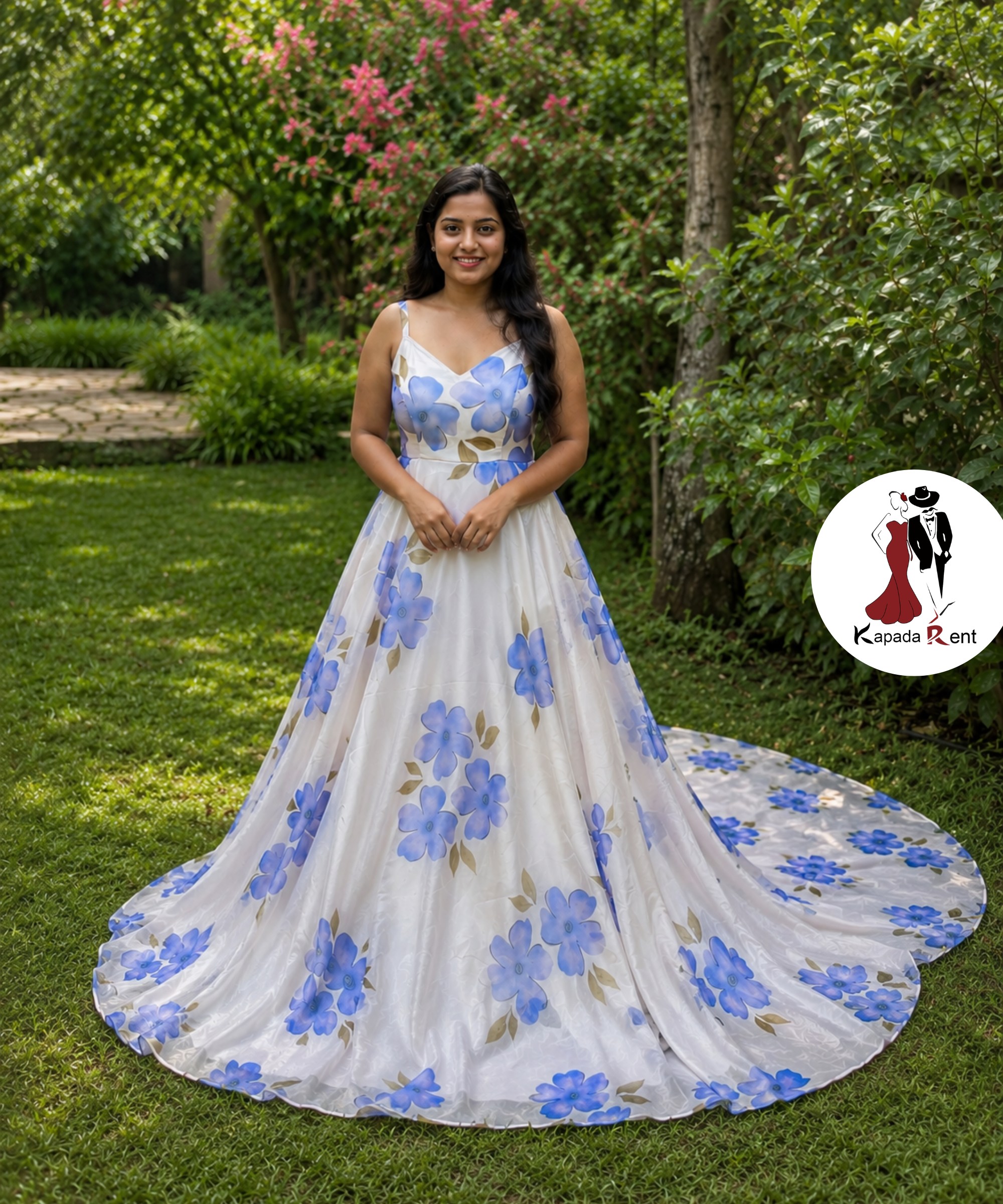 Printed Blue Organza Tail Gown