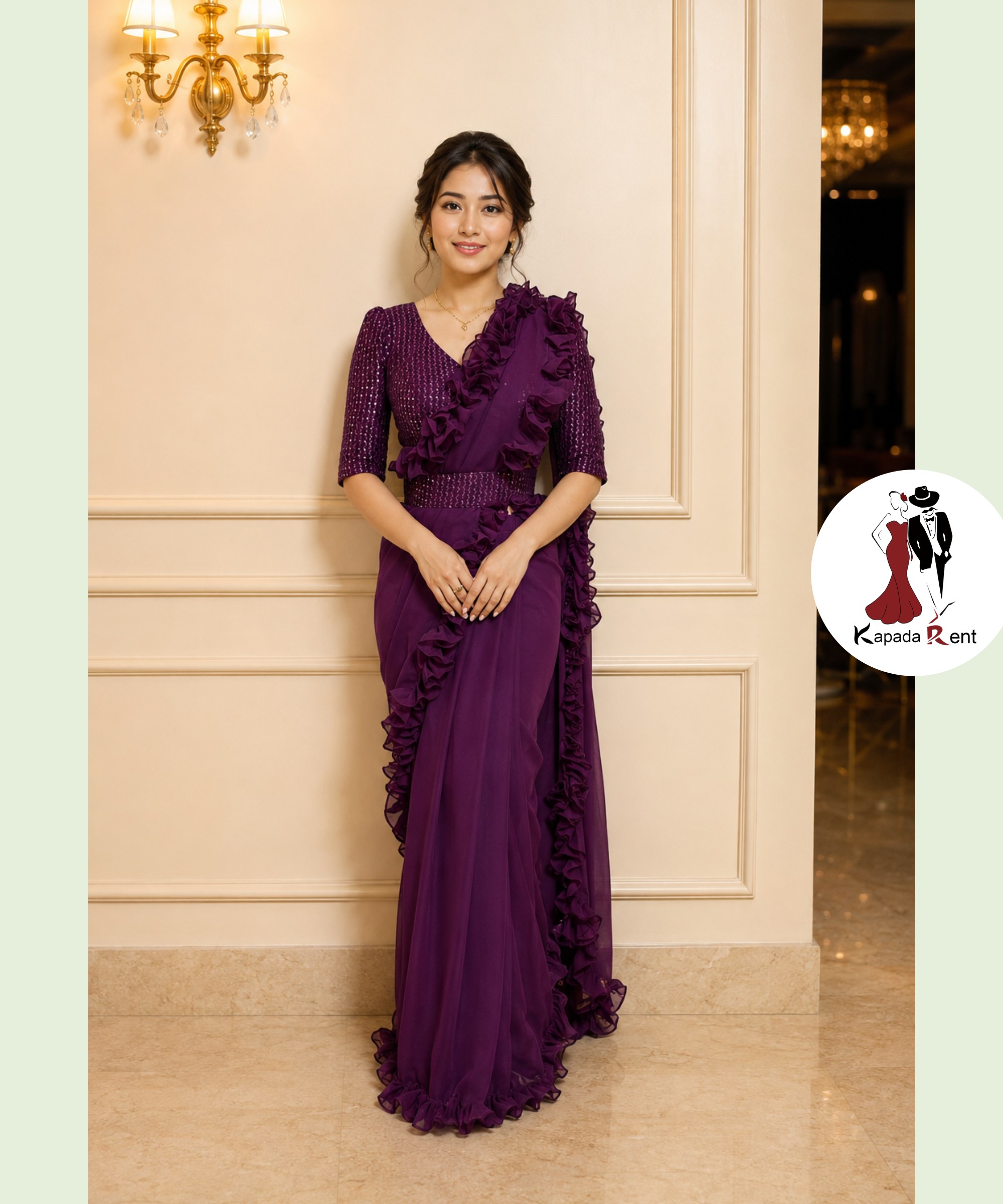 Wine ruffle georgette saree