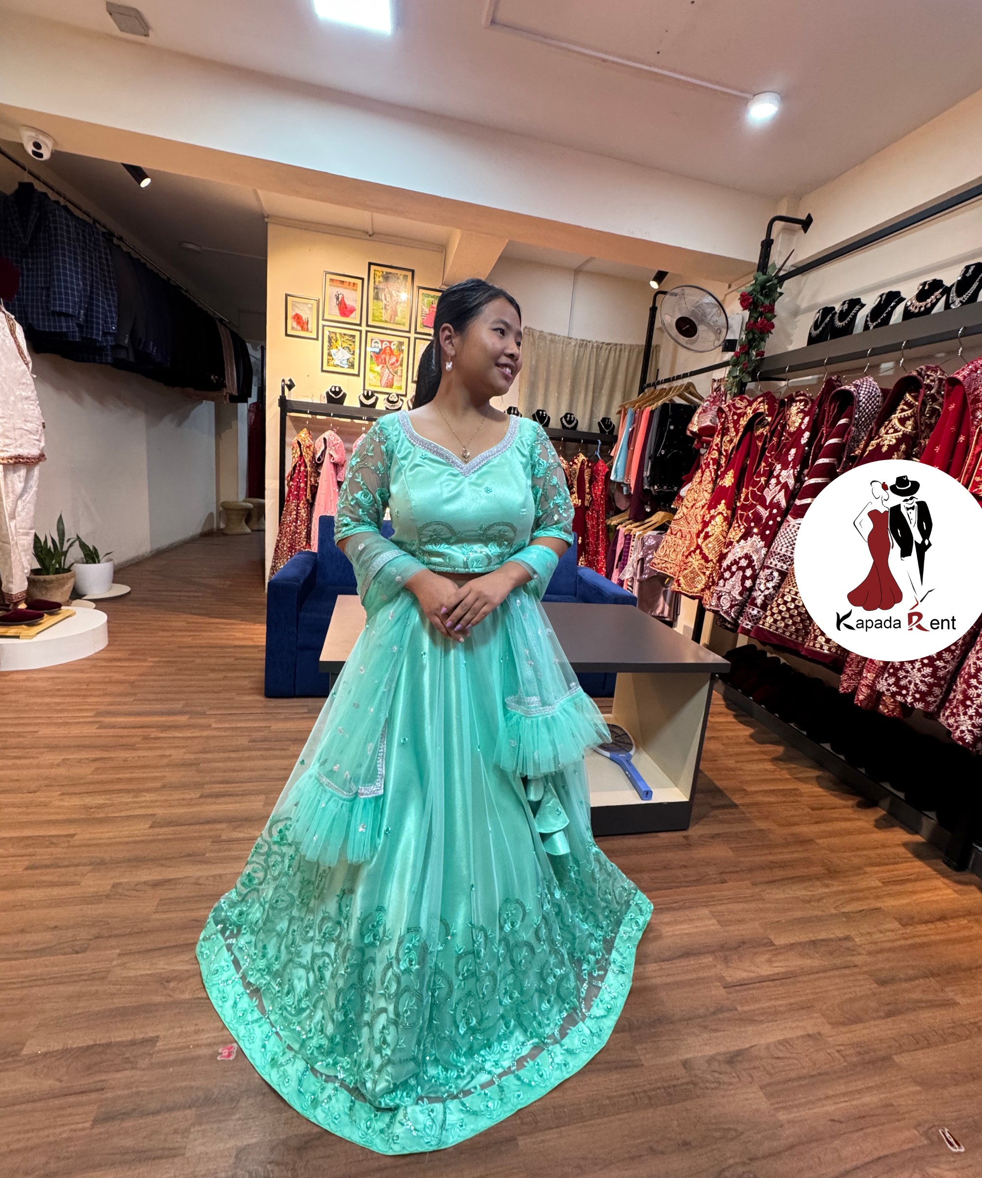 Medium Spring Green Lehenga with ruffle Shawl