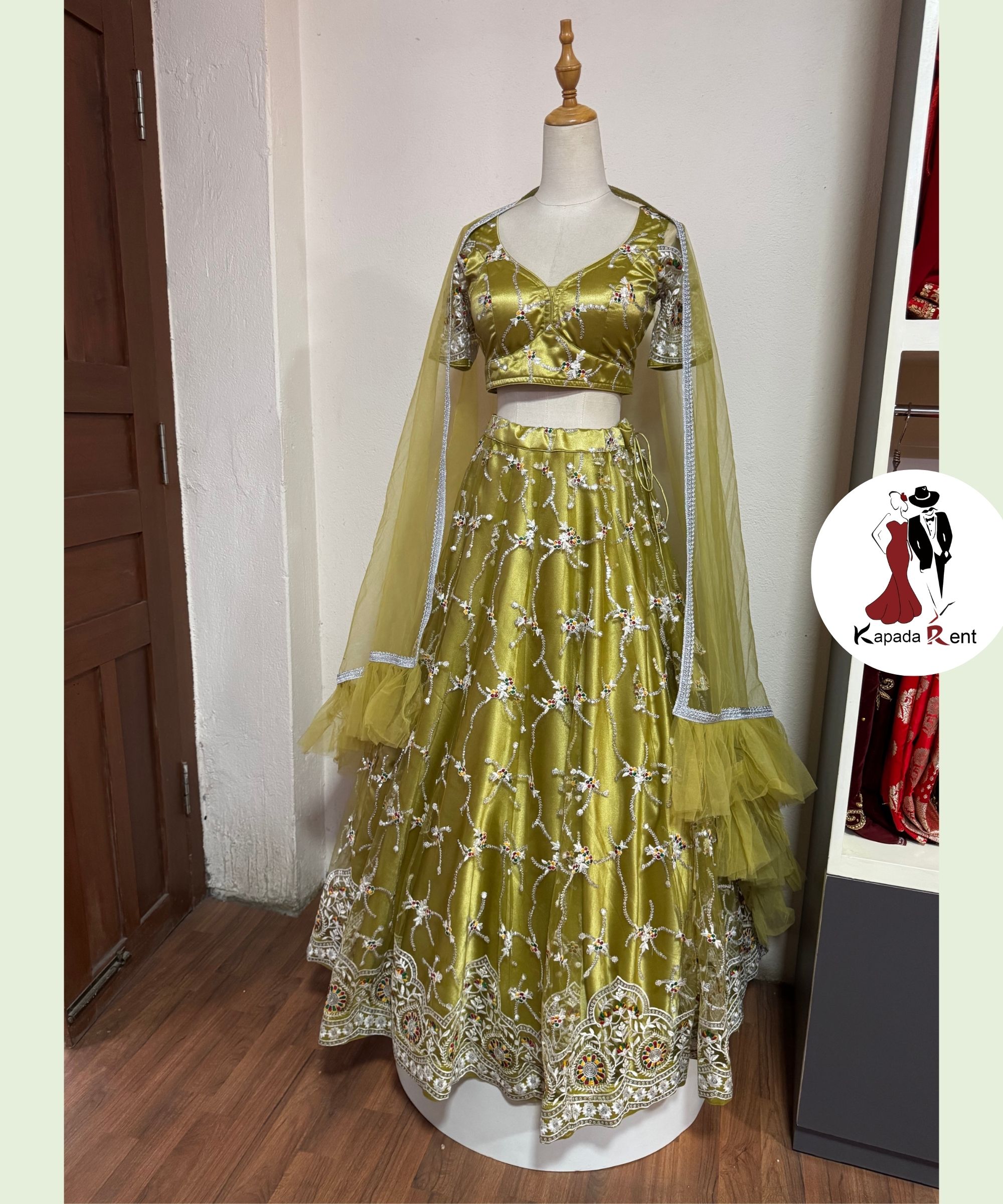 Olive Green Minakari pattern Lehenga:
