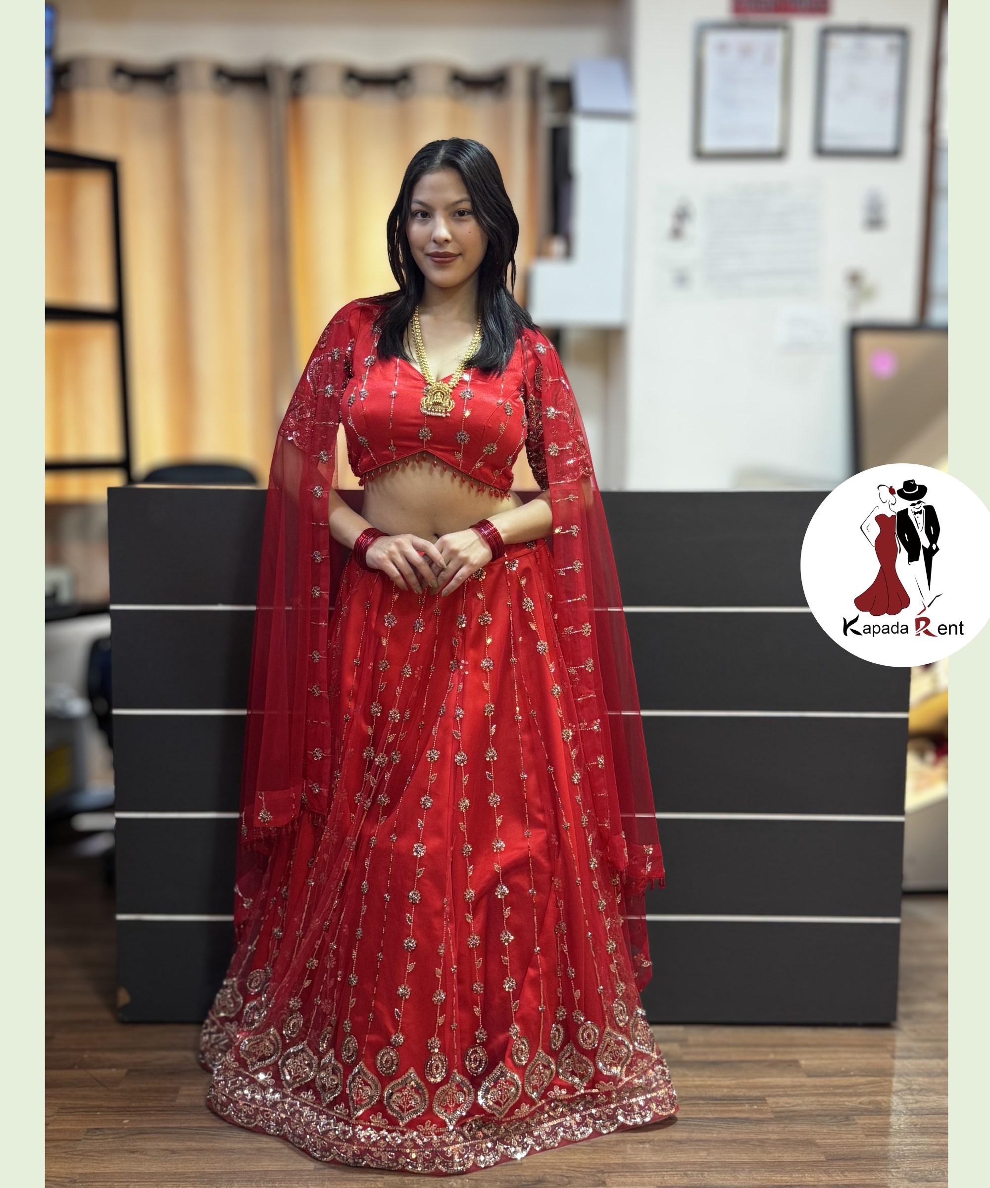 True Red Machine Embroidery Bridal Lehenga