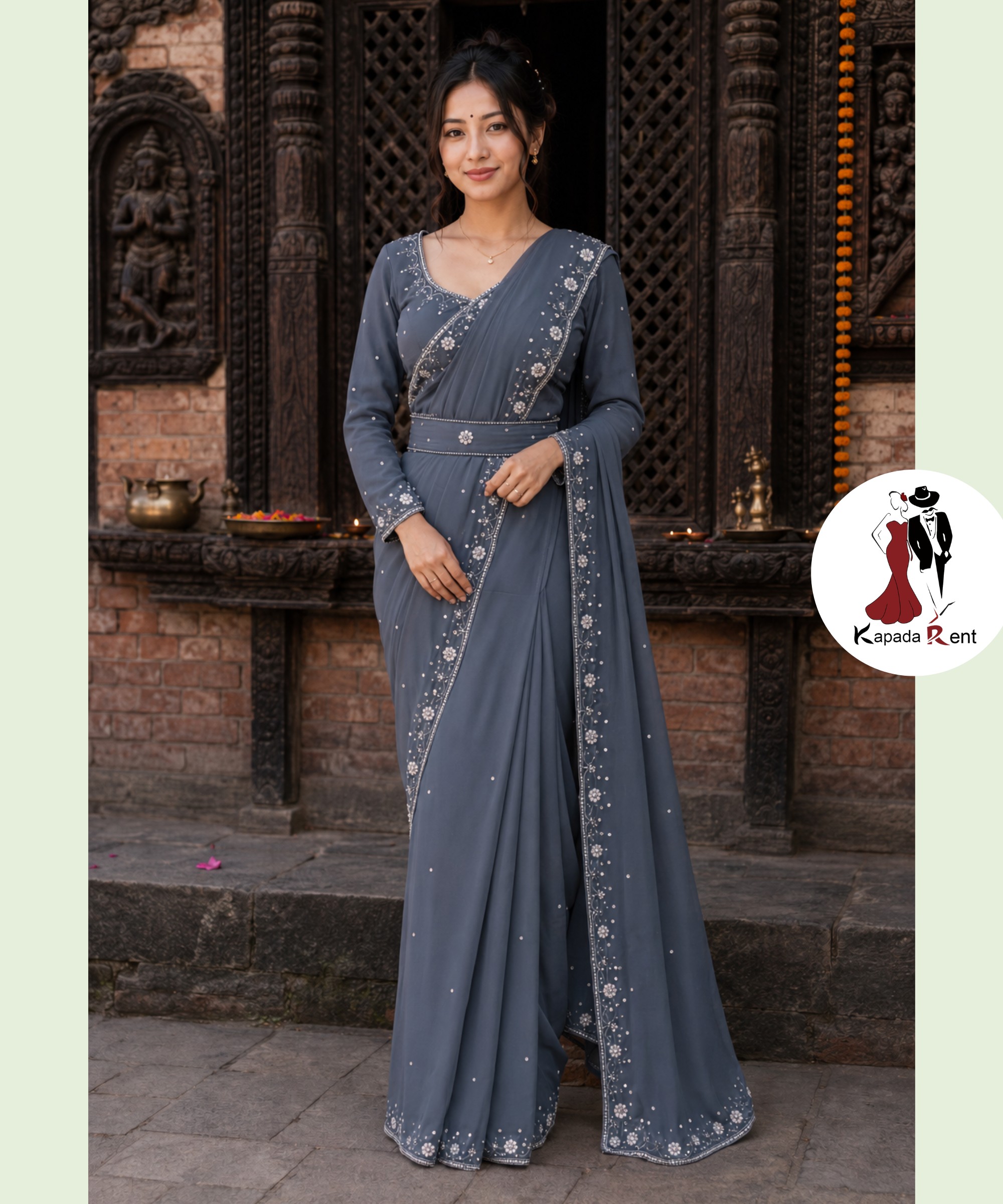 Grey hand work Border Saree