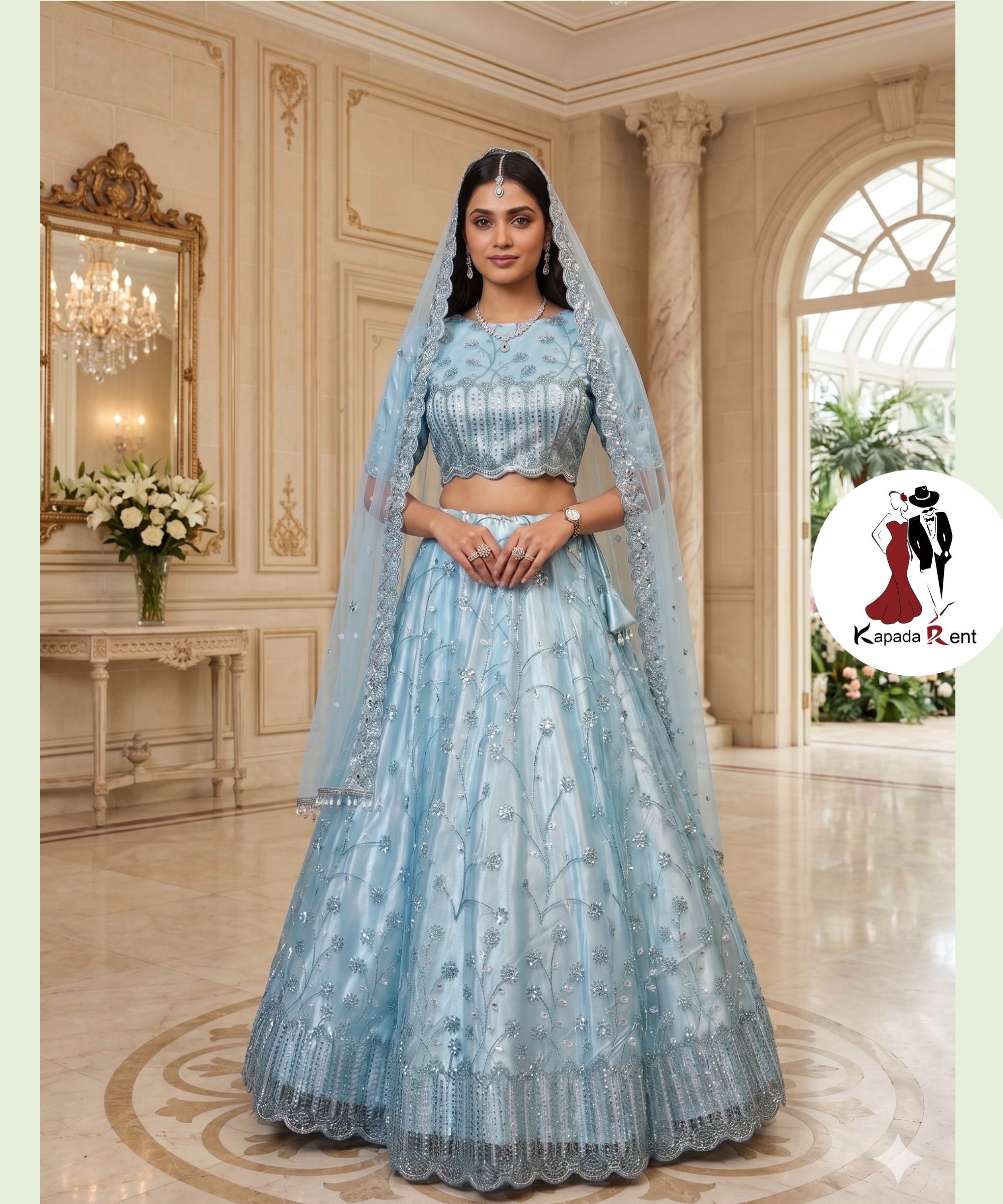 Full Neck Sky Blue Lehenga