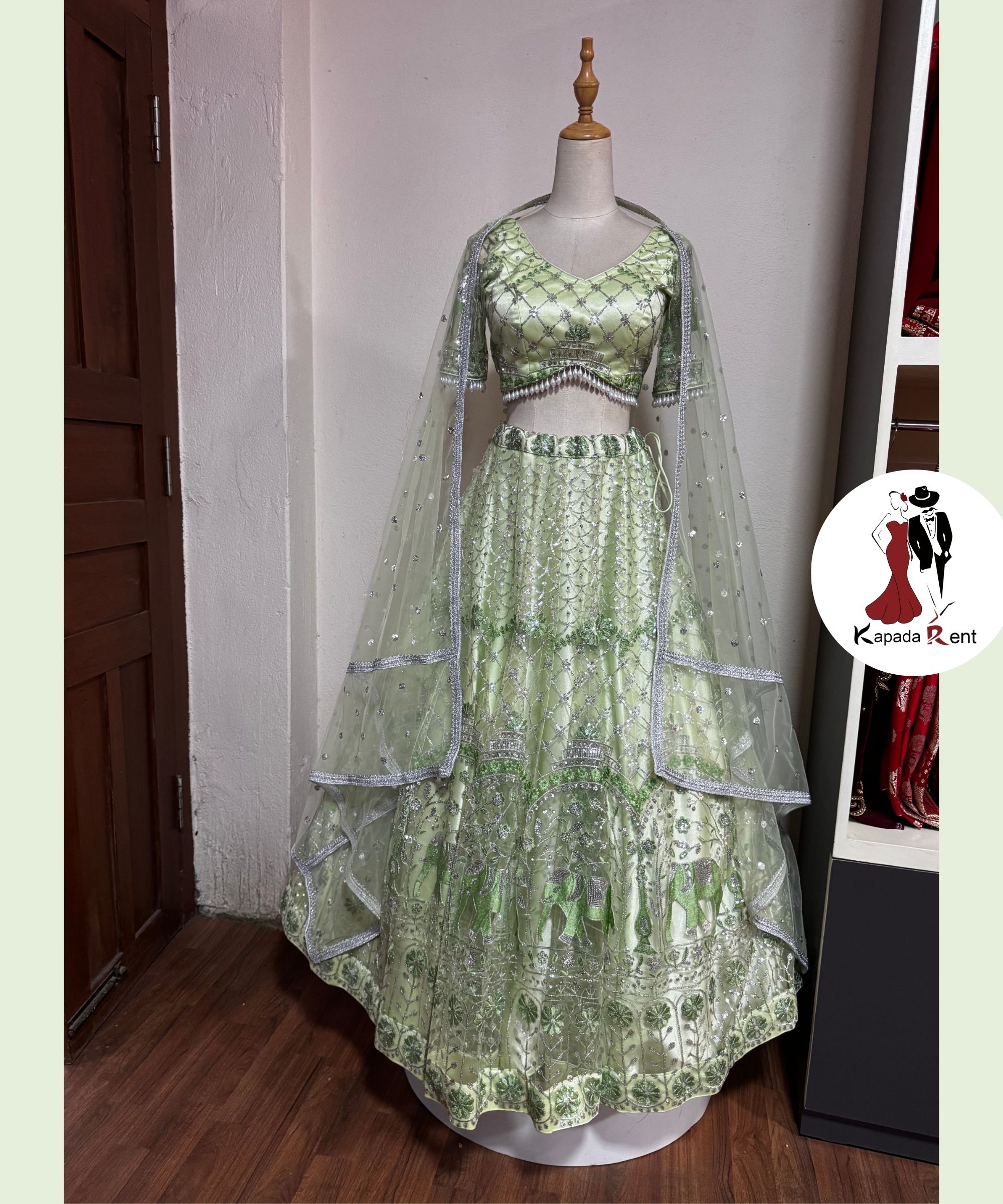 Jade Green Elephant Pattern on Thread Lehenga